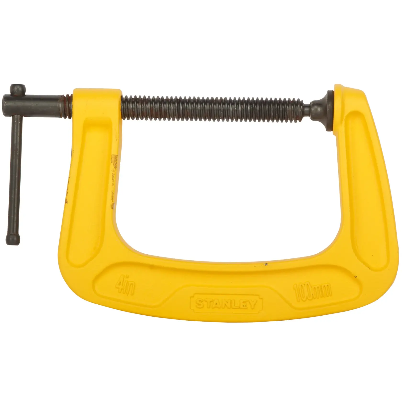 STANLEY 0-83-034 morsetto a C giallo 4in con vite nera, vista frontale su sfondo bianco.