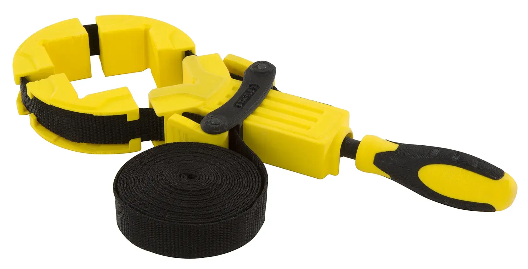 STANLEY 0-83-100 morsetto a nastro con manico giallo e cinghia nera, foto prodotto su sfondo bianco.