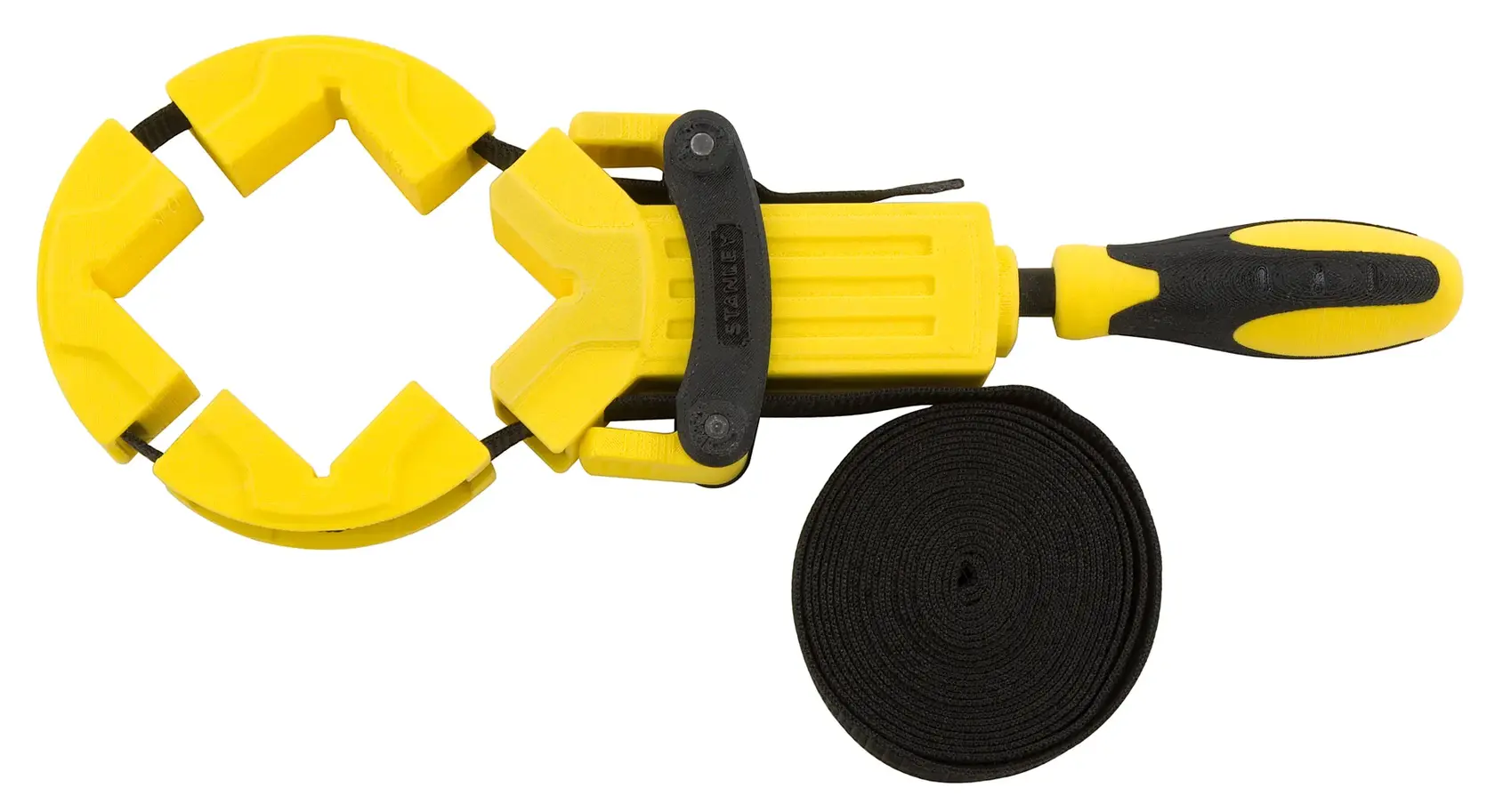 STANLEY 0-83-100 morsetto a nastro con manico giallo e nero, fotografia su sfondo bianco.