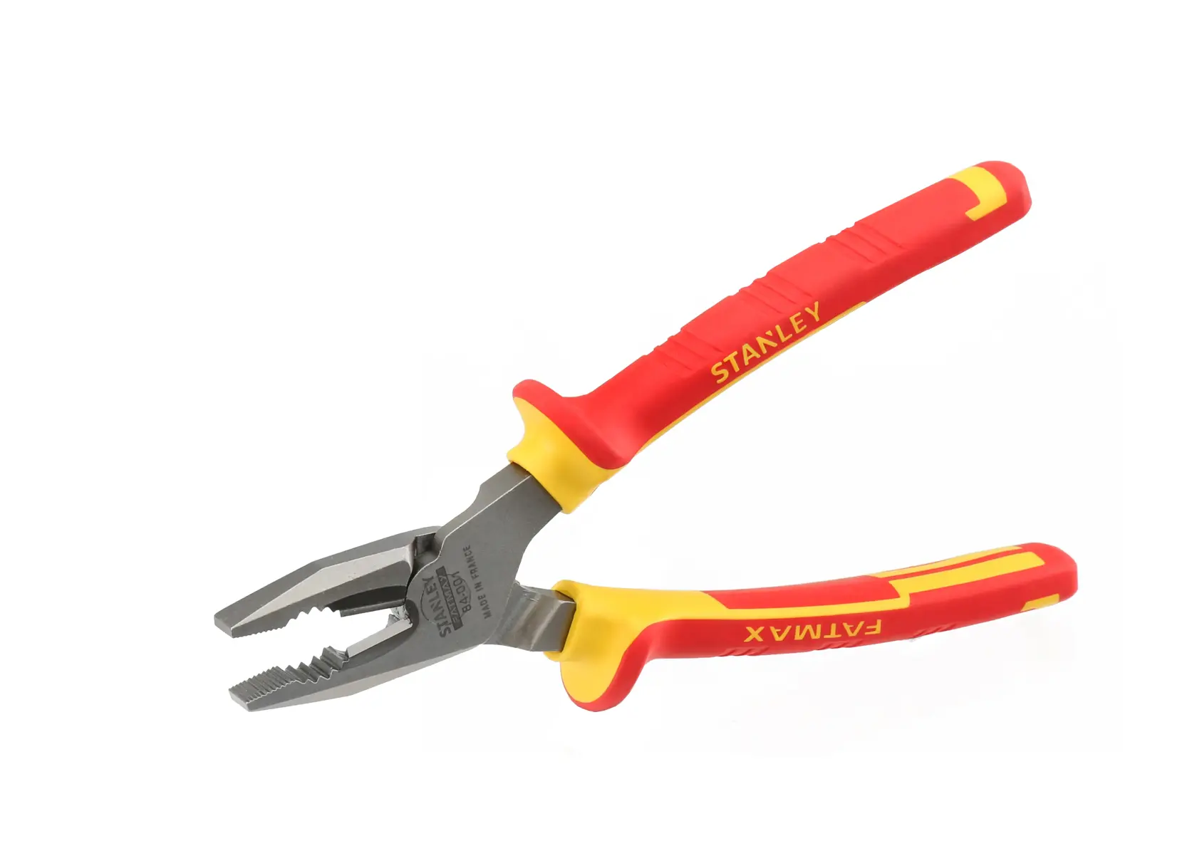 Pinza combinata isolata STANLEY 0-84-001 con manici rossi e gialli, vista laterale del prodotto su sfondo bianco.