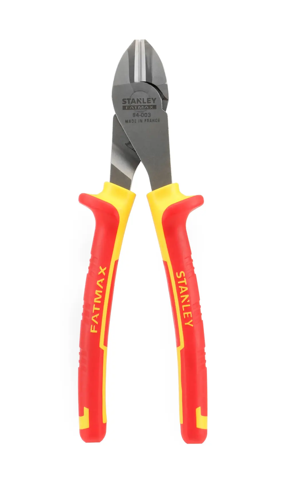 Pinza da taglio diagonale STANLEY 0-84-003 con impugnature rosse e gialle, vista frontale, utensile manuale.