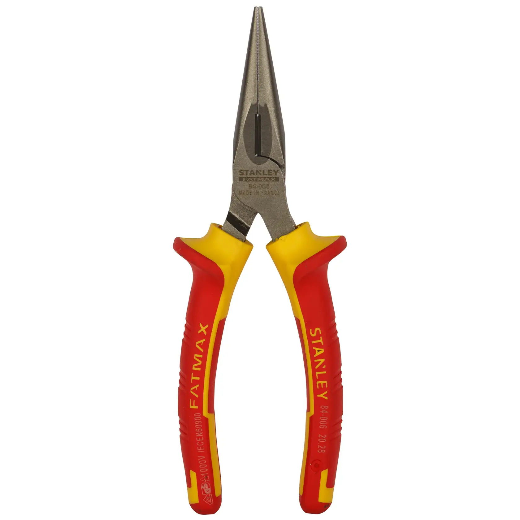 Stanley 0-84-006 pinza a becchi lunghi con impugnature isolate rosse e gialle, vista frontale su sfondo bianco.