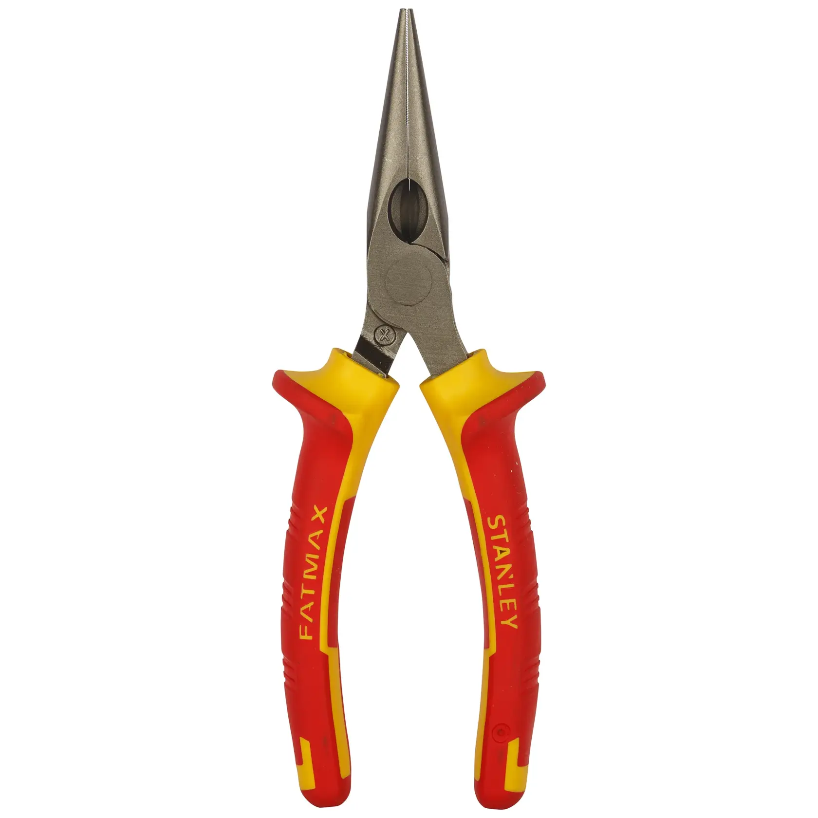 Pinza a becchi lunghi STANLEY 0-84-006 con manici isolati rossi e gialli, vista frontale, sfondo bianco.
