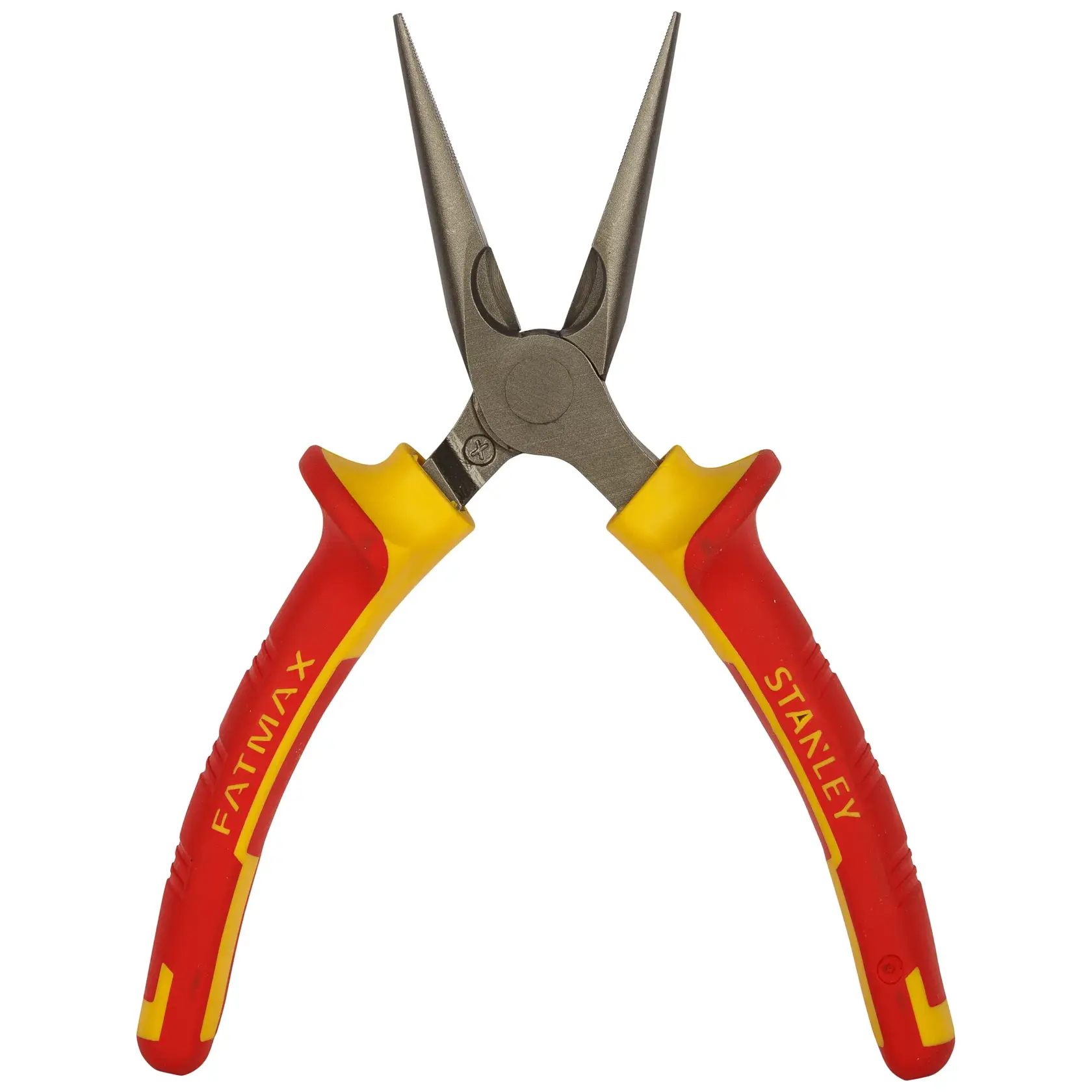 Pinza a becchi lunghi isolata STANLEY 0-84-006 con manici rossi e gialli, vista frontale, su sfondo bianco.