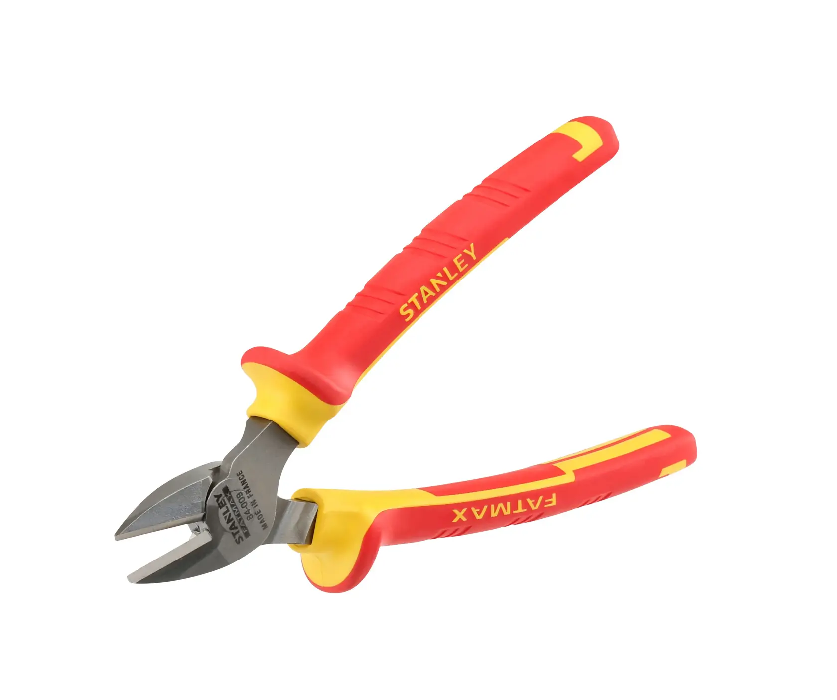 Pinza tagliafilo diagonale isolata STANLEY 0-84-009 con manici rossi e gialli, angolazione laterale del prodotto.