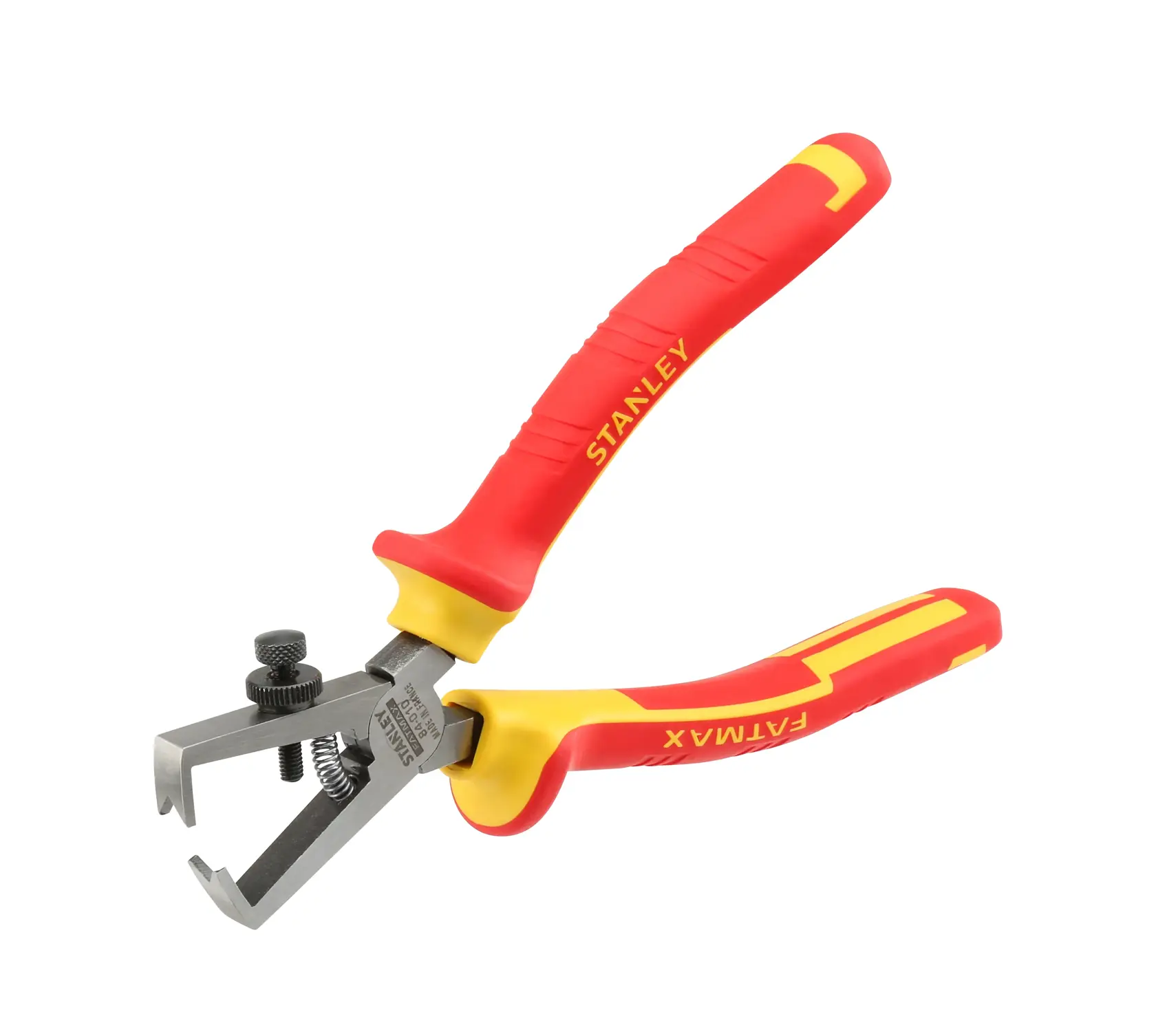 Pinza spelafili isolata STANLEY 0-84-010 con manici rossi e gialli, inclinata su sfondo bianco.