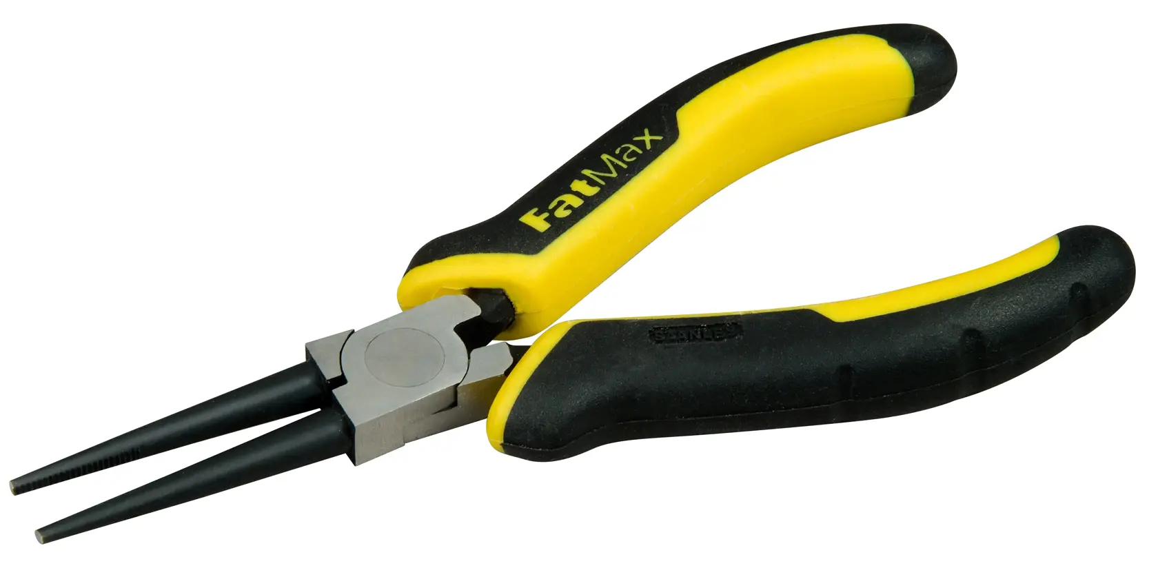 Pinza a becchi lunghi STANLEY 0-84-496 con manici FatMax gialli e neri, vista laterale su sfondo bianco.