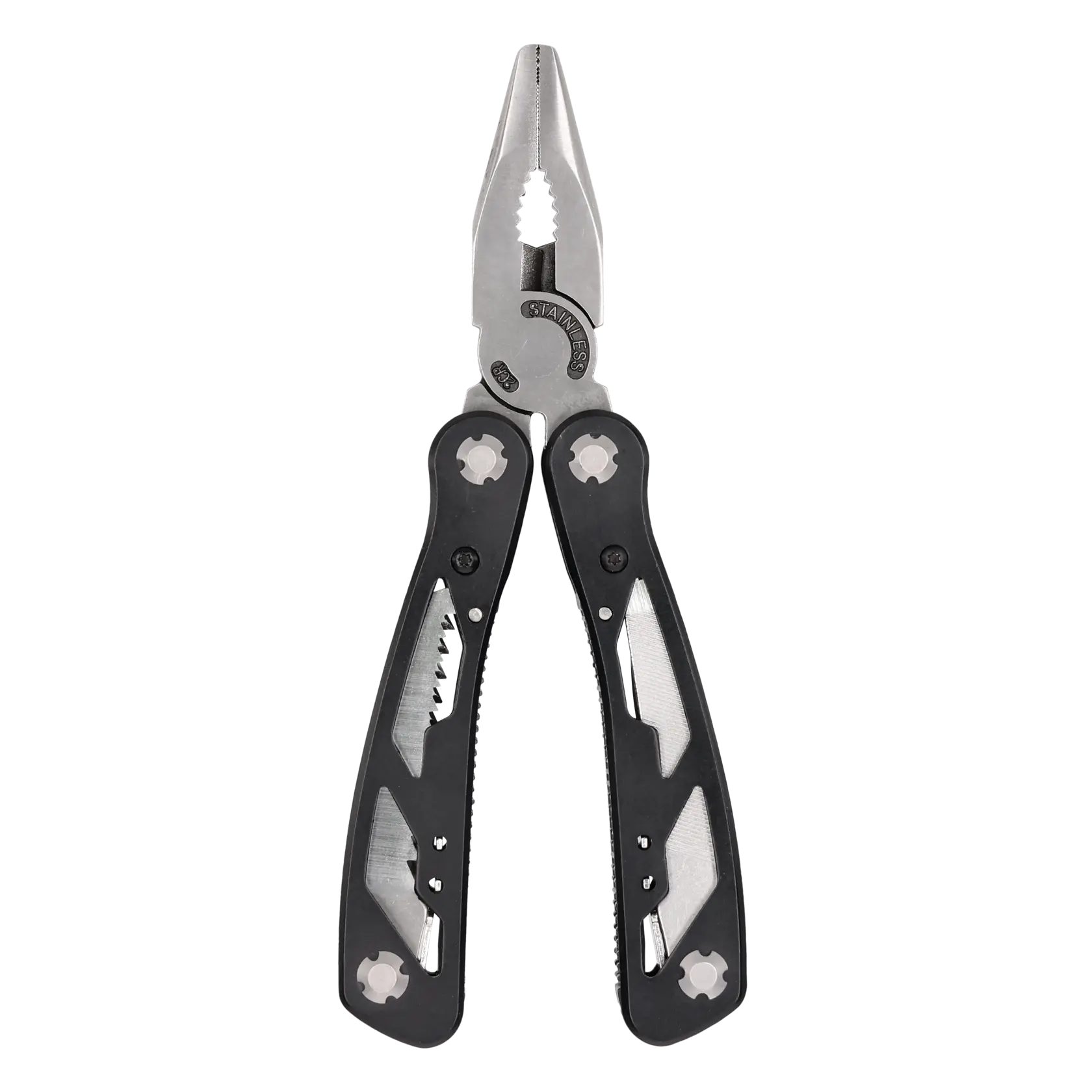 STANLEY 0-84-519 multiutensile con pinza, coltello, lima e utensili aperti, argento, vista frontale in studio.