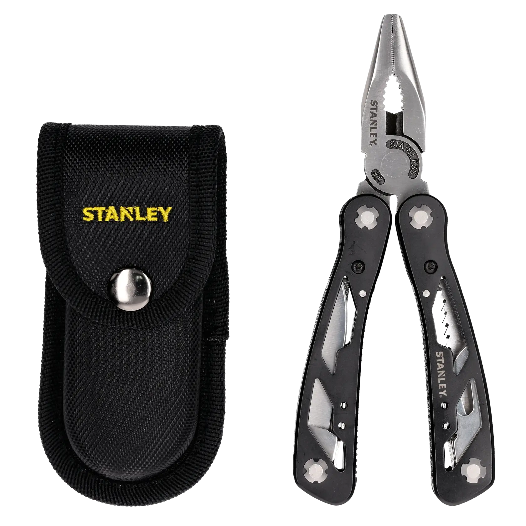 Un attrezzo multiuso a pinza con manici neri e diversi strumenti integrati, mostrato accanto a una custodia in tessuto nero con il logo STANLEY giallo.