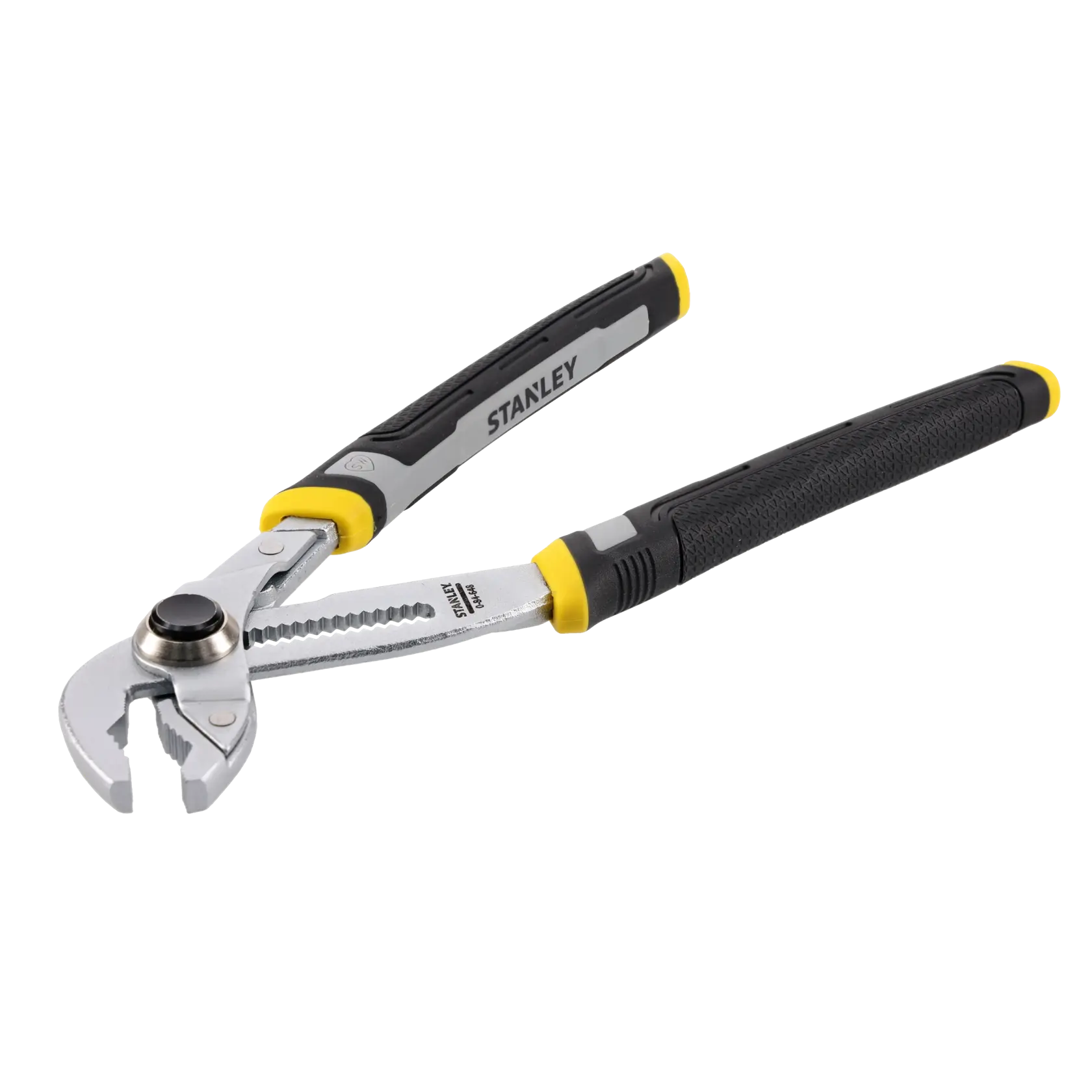 Pinza regolabile con impugnature nere e gialle, marca Stanley, mostrata su sfondo bianco.