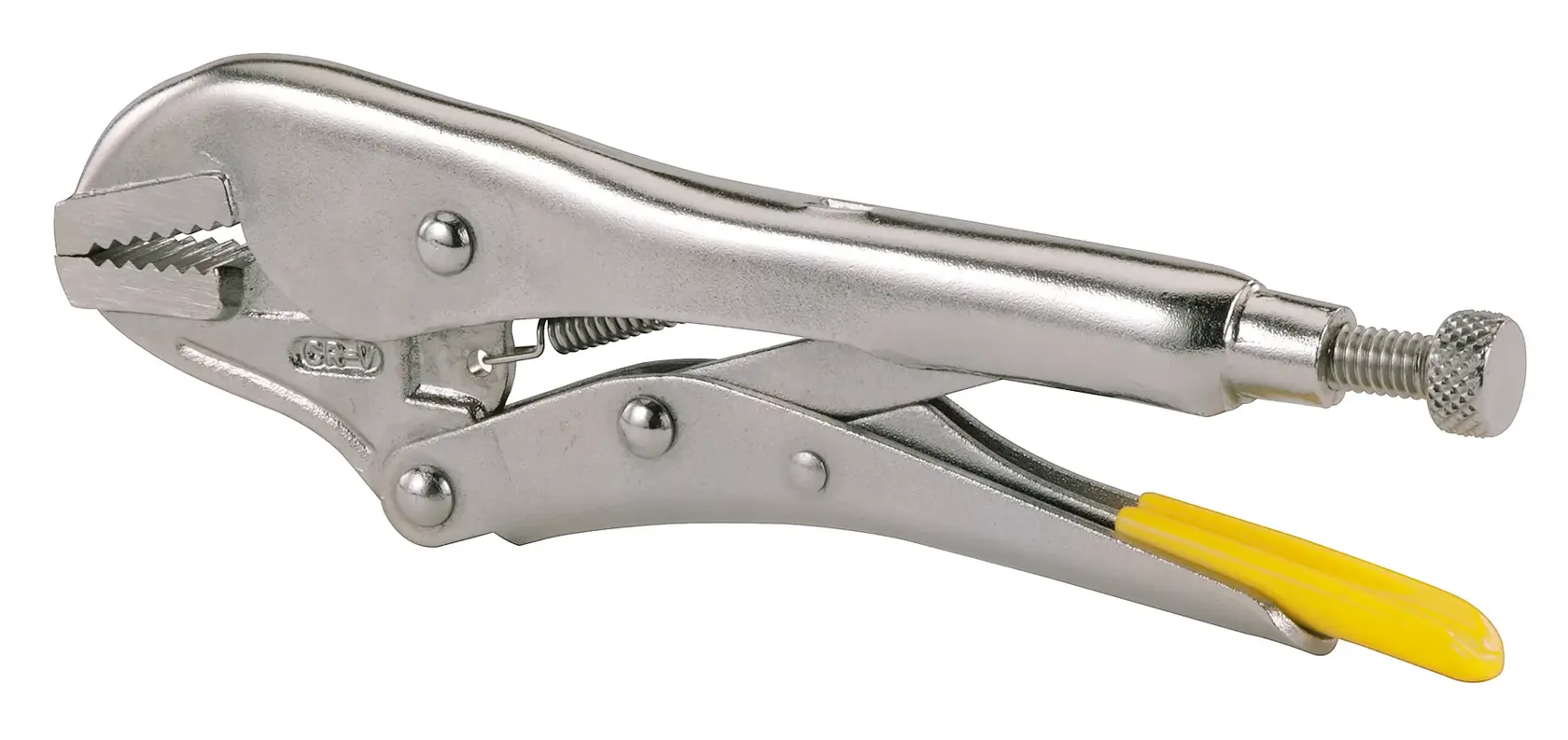 Pinza autobloccante STANLEY 0-84-810 con finitura cromata e manico giallo, vista laterale su sfondo bianco.