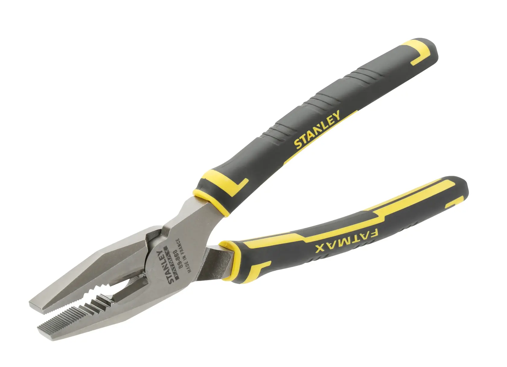 Pinza combinata STANLEY 0-89-868 con impugnature FatMax nere e gialle, vista angolata su sfondo bianco.