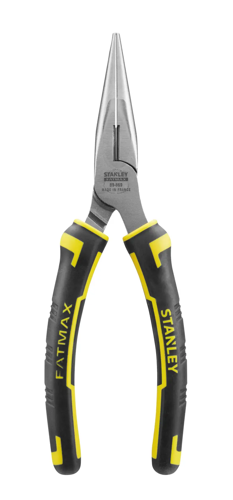 Pinza a becchi lunghi STANLEY 0-89-869 con manici neri e gialli, vista frontale su sfondo bianco.
