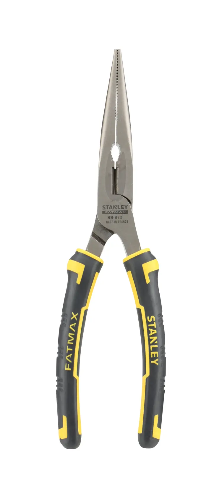 STANLEY 0-89-870 pinze a becchi lunghi, manici neri e gialli, angolo frontale, sfondo bianco.