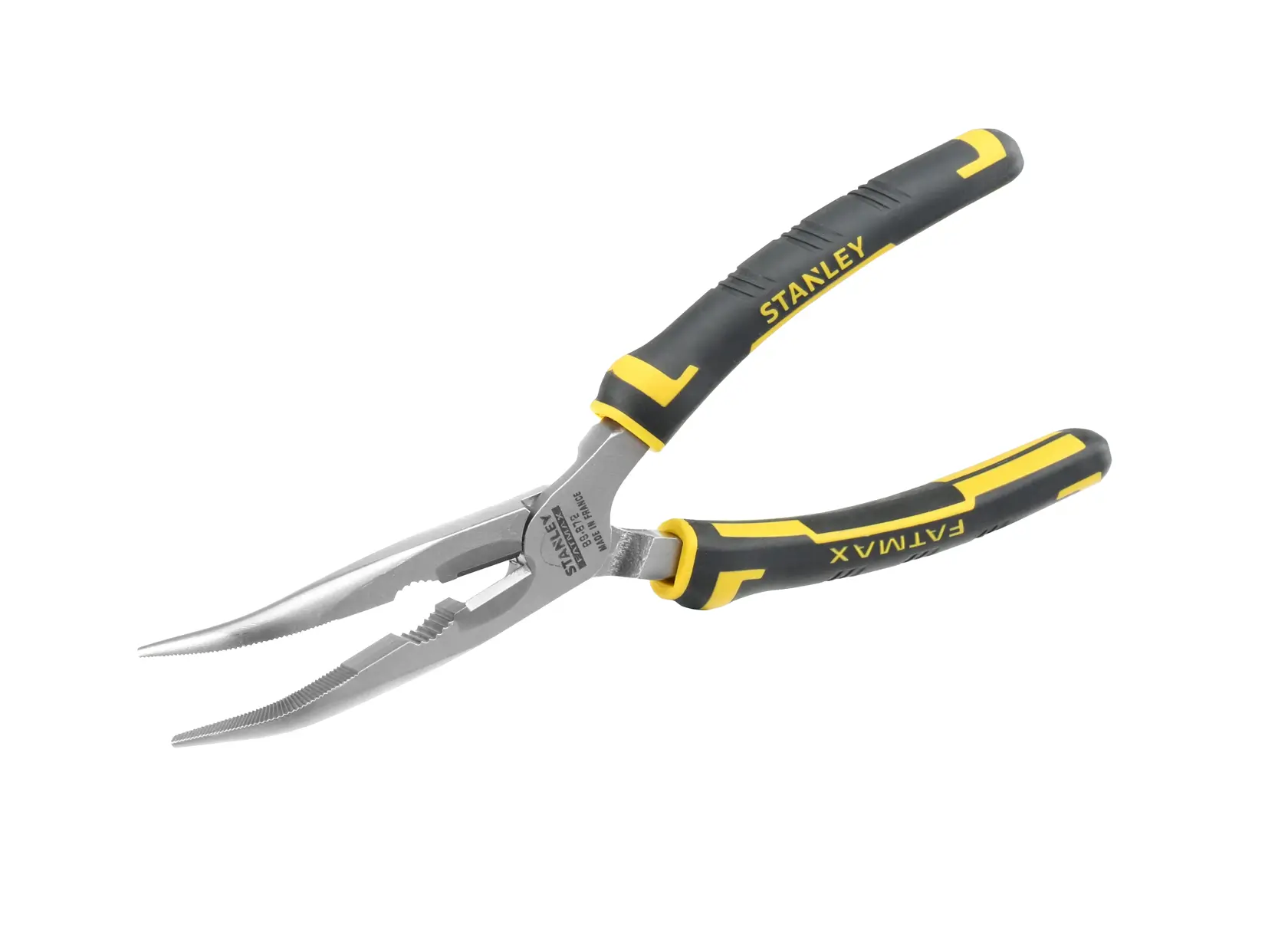 Pinza a becchi lunghi STANLEY 0-89-872 con manici ergonomici neri e gialli, vista laterale su sfondo bianco.