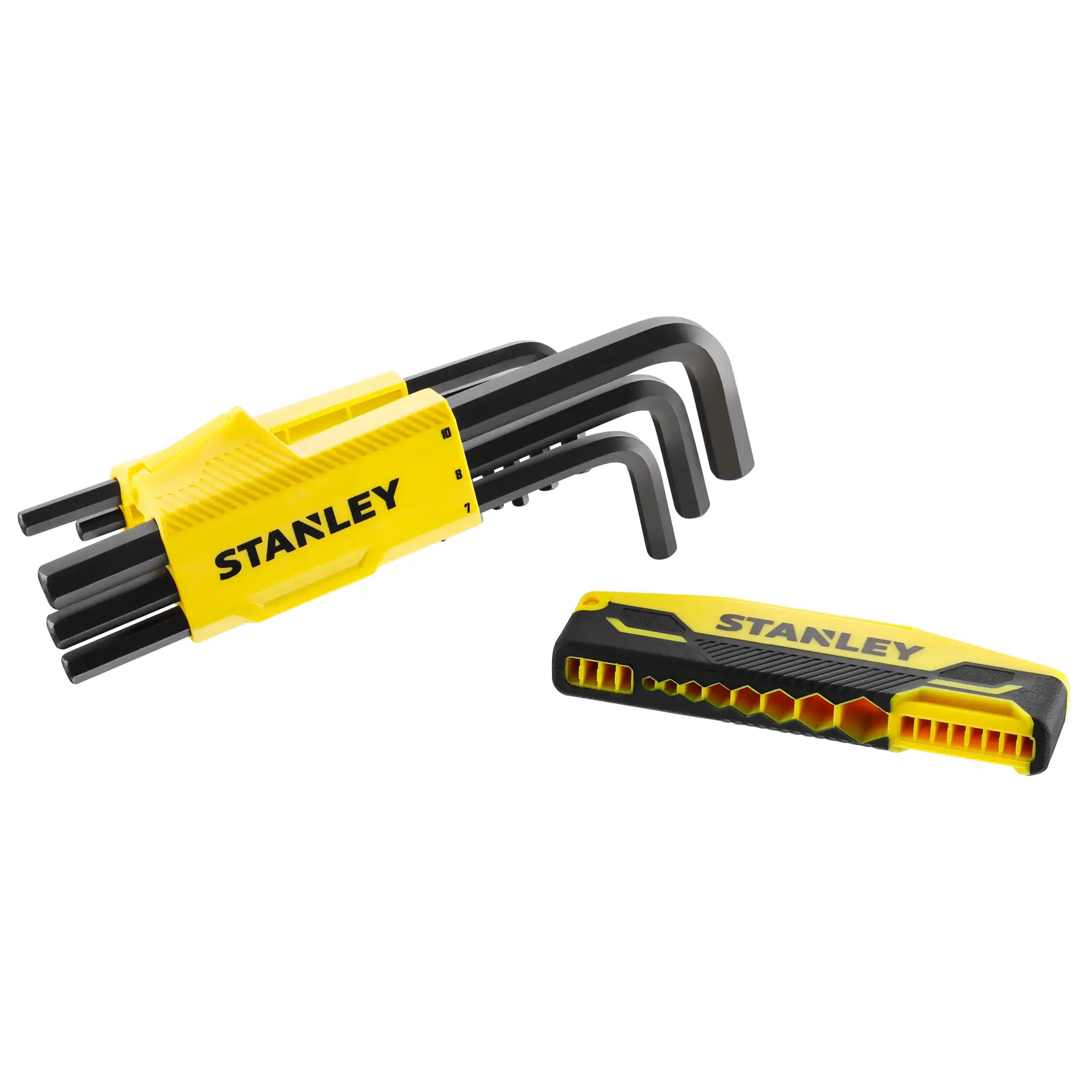 Set di chiavi esagonali STANLEY 0-89-904 con supporto giallo, chiavi a L nere, sfondo bianco, fotografia prodotto.