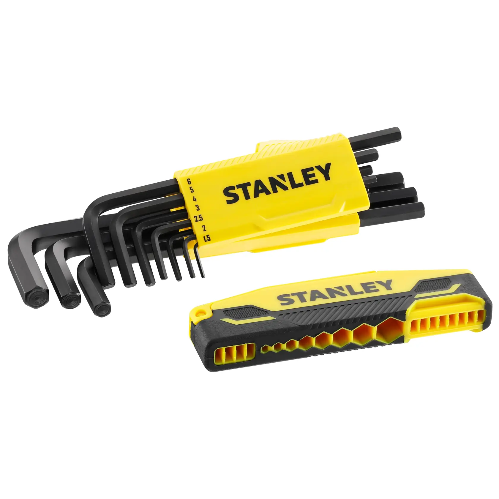 STANLEY 0-89-904 set di chiavi esagonali con supporto giallo e nero, vista frontale su sfondo bianco.