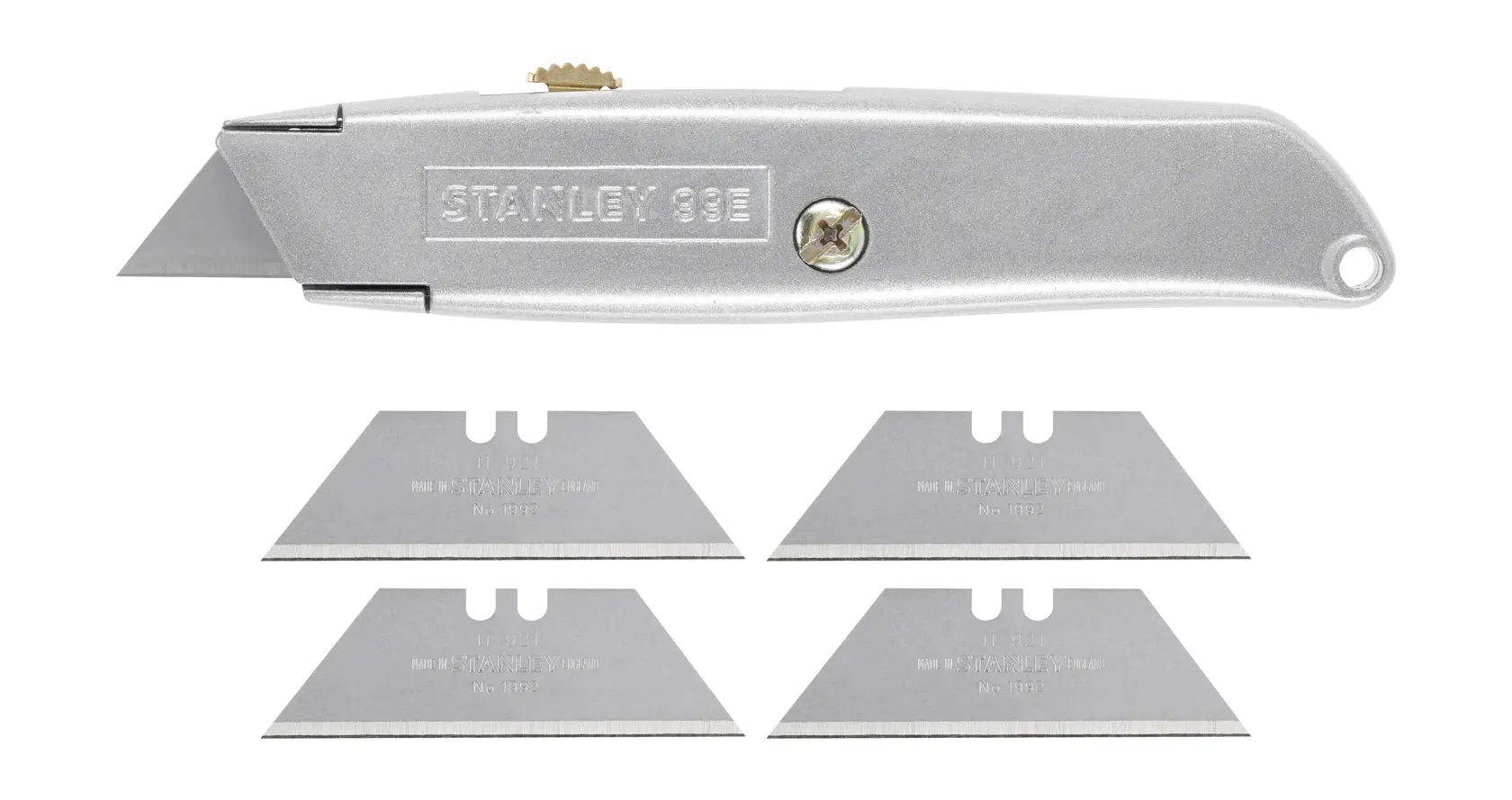 STANLEY 1-10-099 cutter corpo in metallo argento con cinque lame di ricambio, fotografia prodotto, vista laterale.