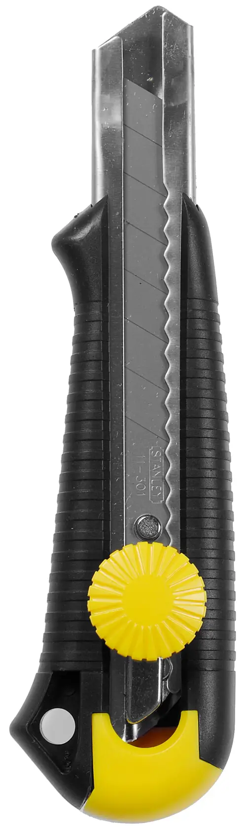 Foto del cutter STANLEY 1-10-418 con manico nero zigrinato e blocco lama giallo, vista frontale su sfondo bianco.