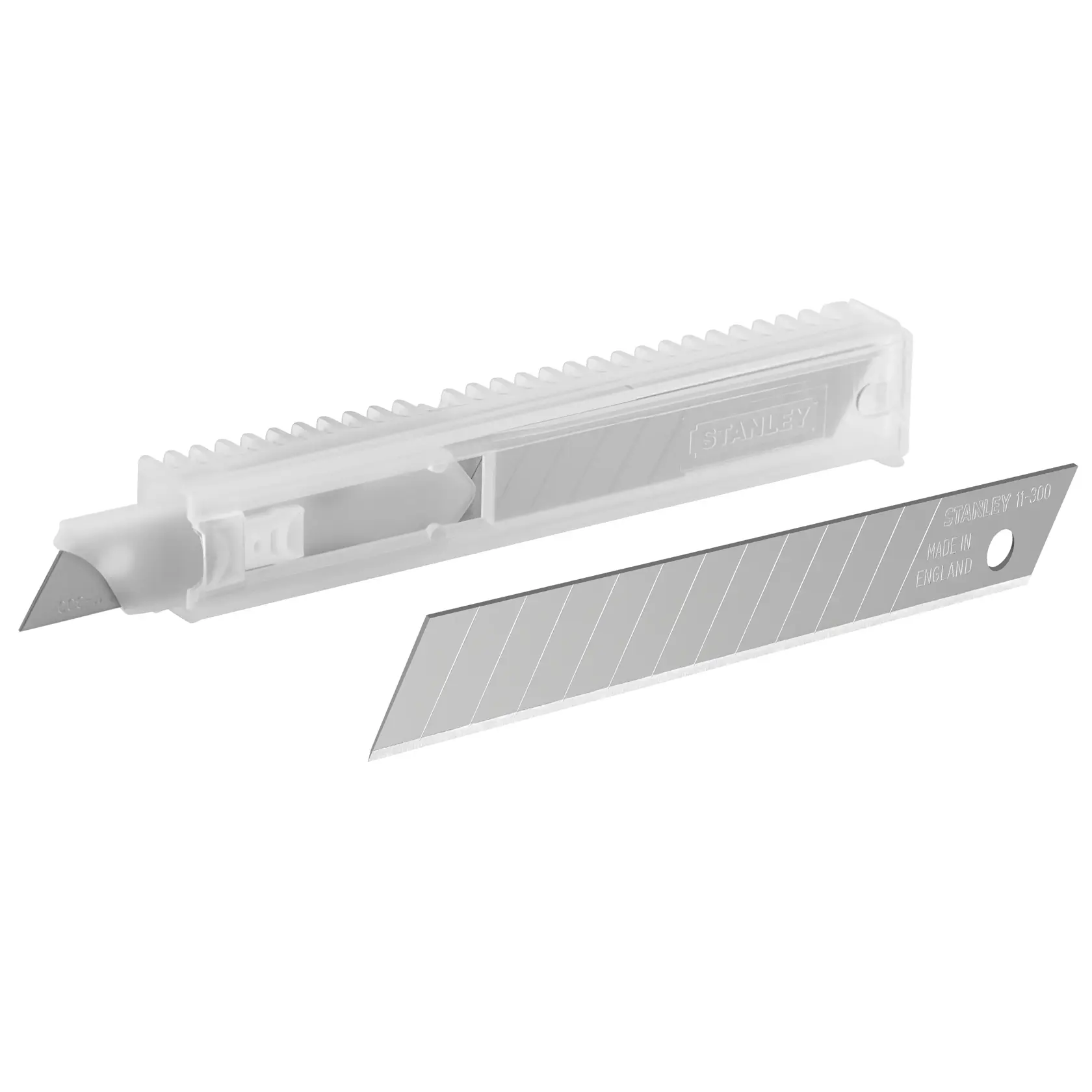 STANLEY 1-11-300 lama utility con custodia in plastica trasparente, vista laterale, colore argento.