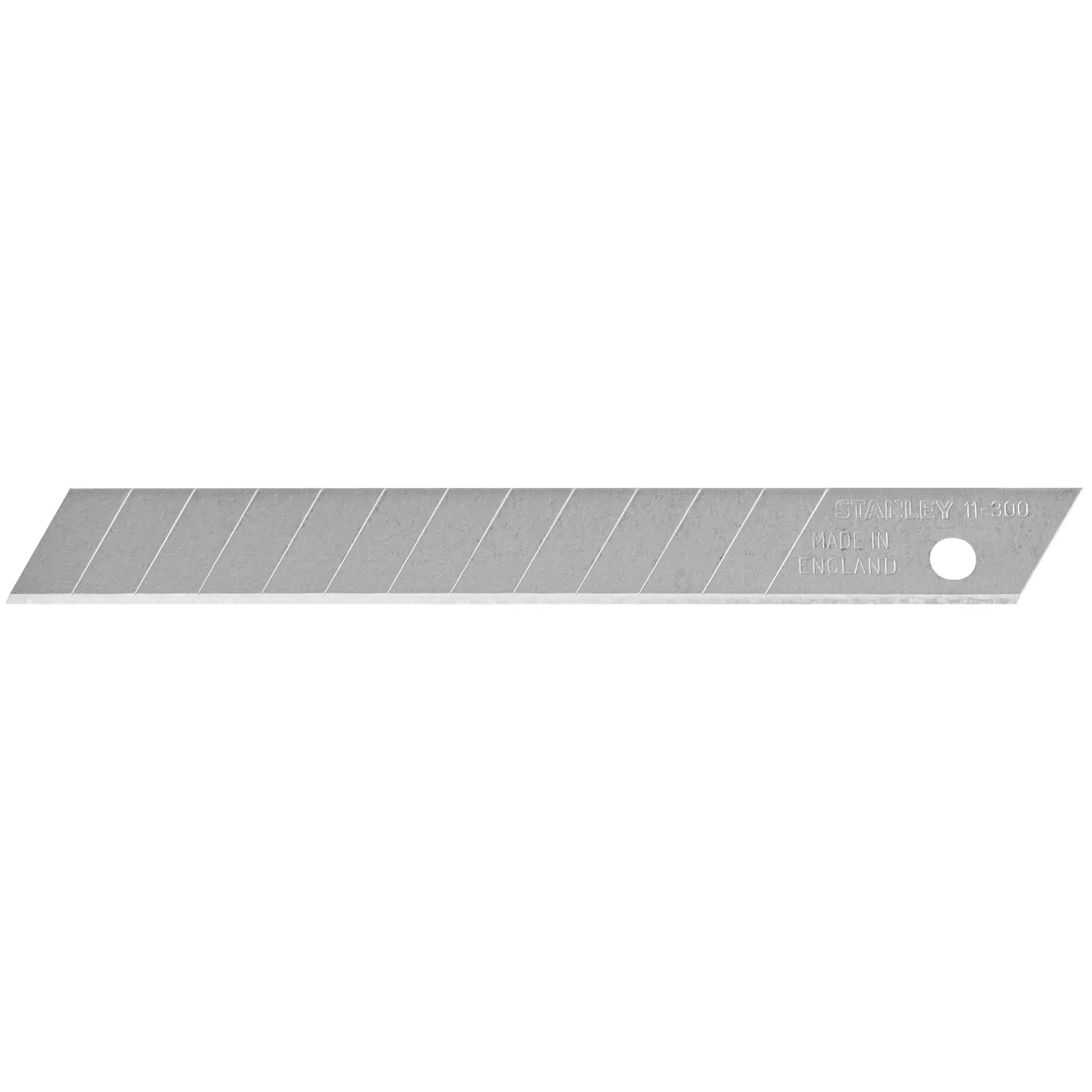 Lama segmentata STANLEY 1-11-300 per taglierino, argento, linee segmentate, primo piano su sfondo bianco.