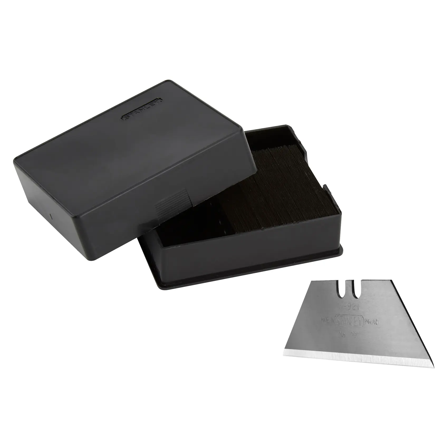 STANLEY 1-11-921 lame da taglierino in scatola porta lame nera in plastica, vista angolata su sfondo bianco.