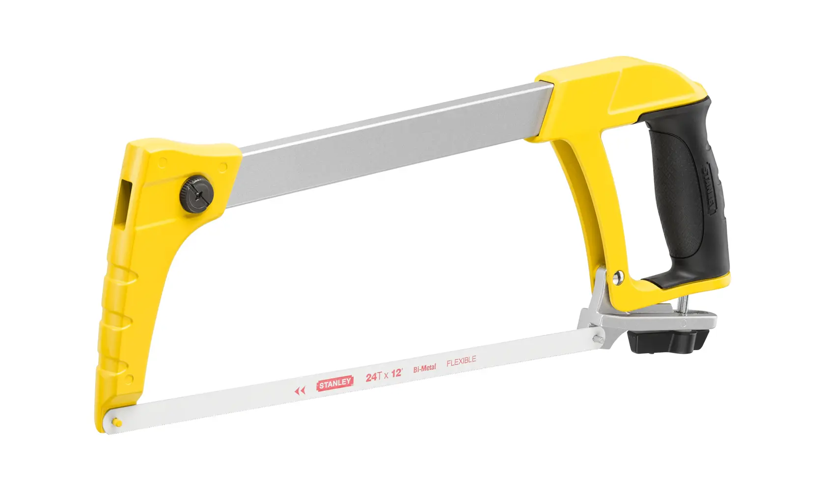 Foto del seghetto per metallo STANLEY 1-20-110 con telaio giallo e manico ergonomico nero, vista laterale.