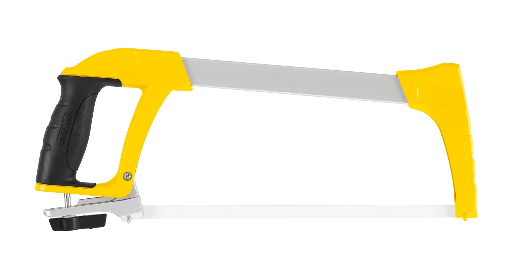 STANLEY 1-20-110 seghetto con telaio giallo e manico ergonomico nero, vista laterale su sfondo bianco.
