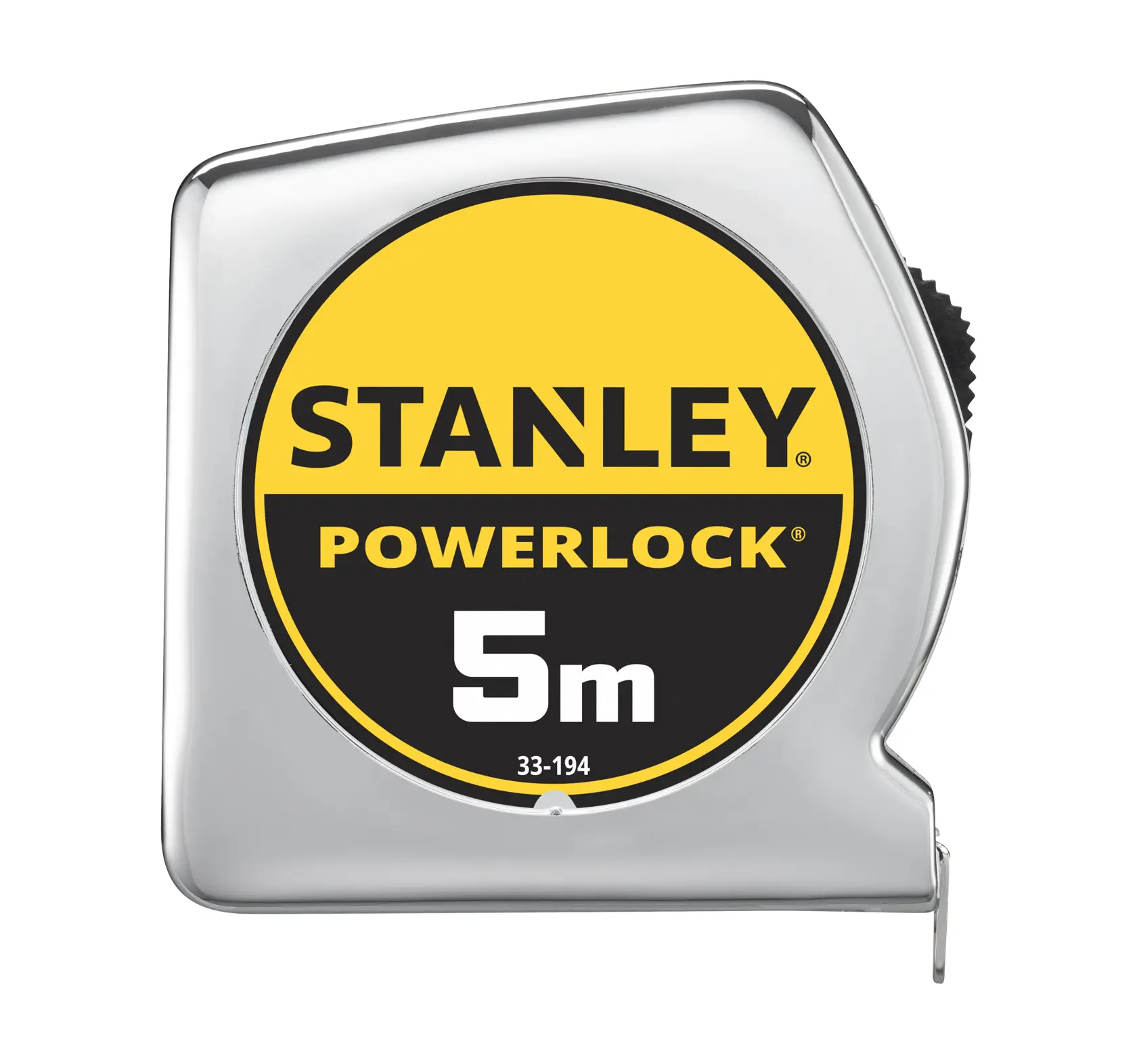 STANLEY 1-33-194 metro a nastro, serie PowerLock, 5m, custodia cromata, vista frontale su sfondo bianco.