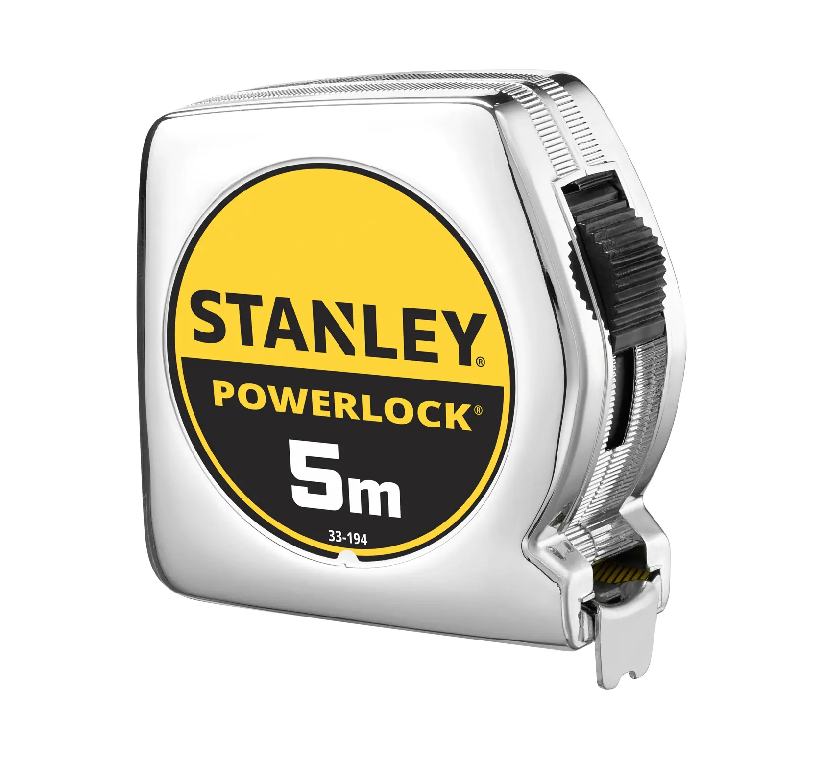 STANLEY 1-33-194 metro a nastro con etichetta gialla e nera, 5m, fotografia, vista frontale su sfondo bianco.