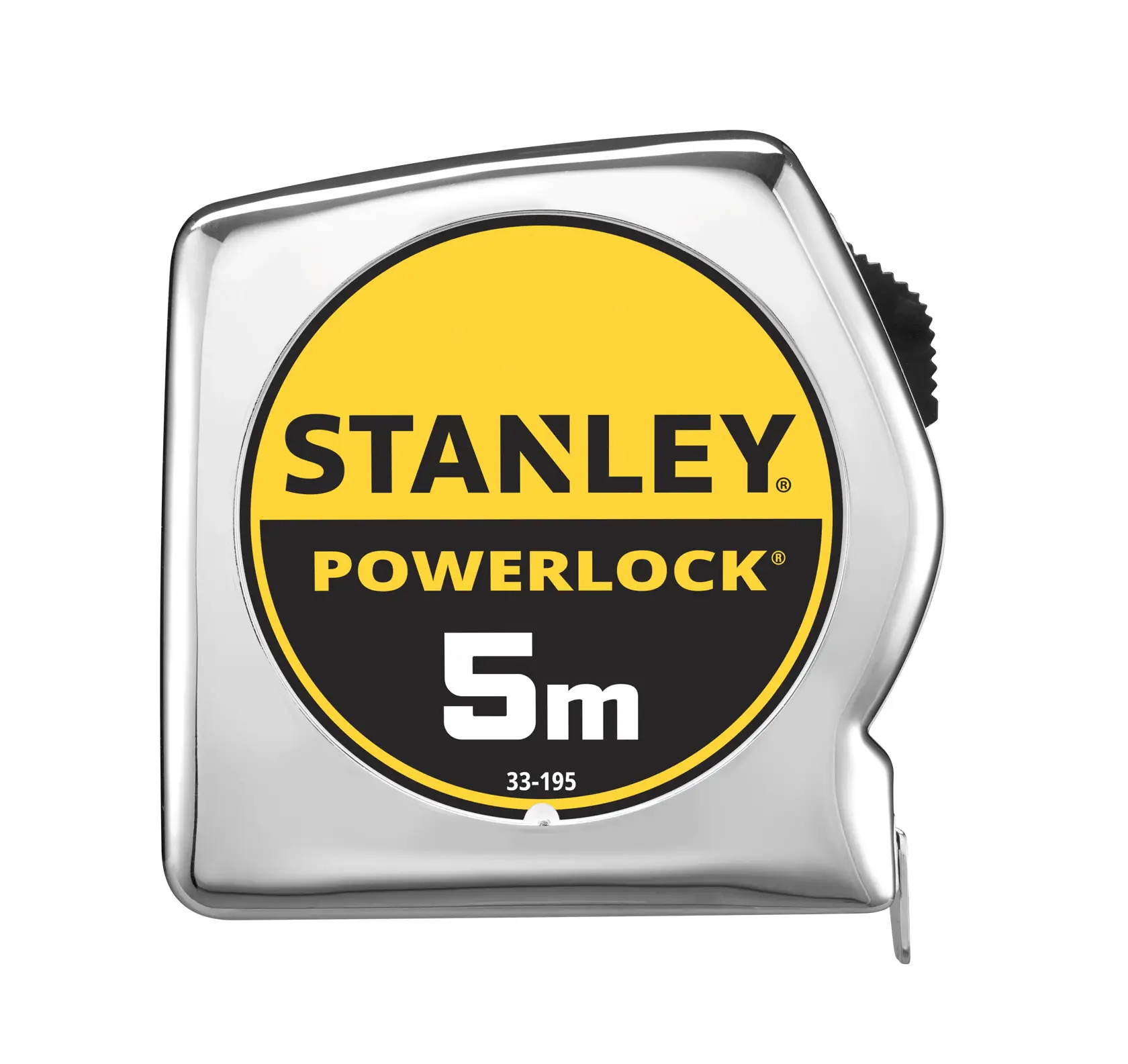STANLEY 1-33-195 Powerlock metro a nastro, lunghezza 5m, custodia cromata, vista frontale, prodotto fotografico.