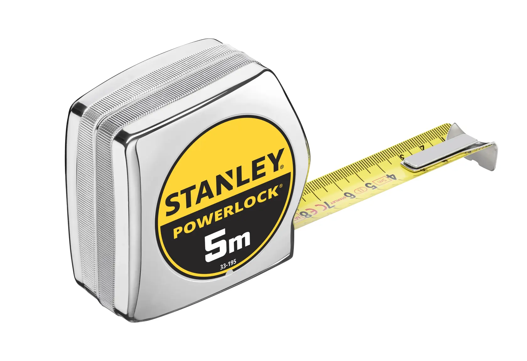 STANLEY 1-33-195 metro a nastro, PowerLock, 5m, custodia argento, lama gialla, vista laterale, fotografia.