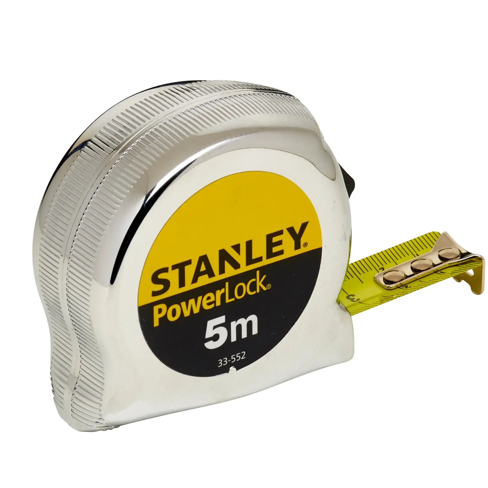 Foto del metro a nastro STANLEY 1-33-552, giallo e cromato, serie PowerLock, con nastro esteso, vista frontale.