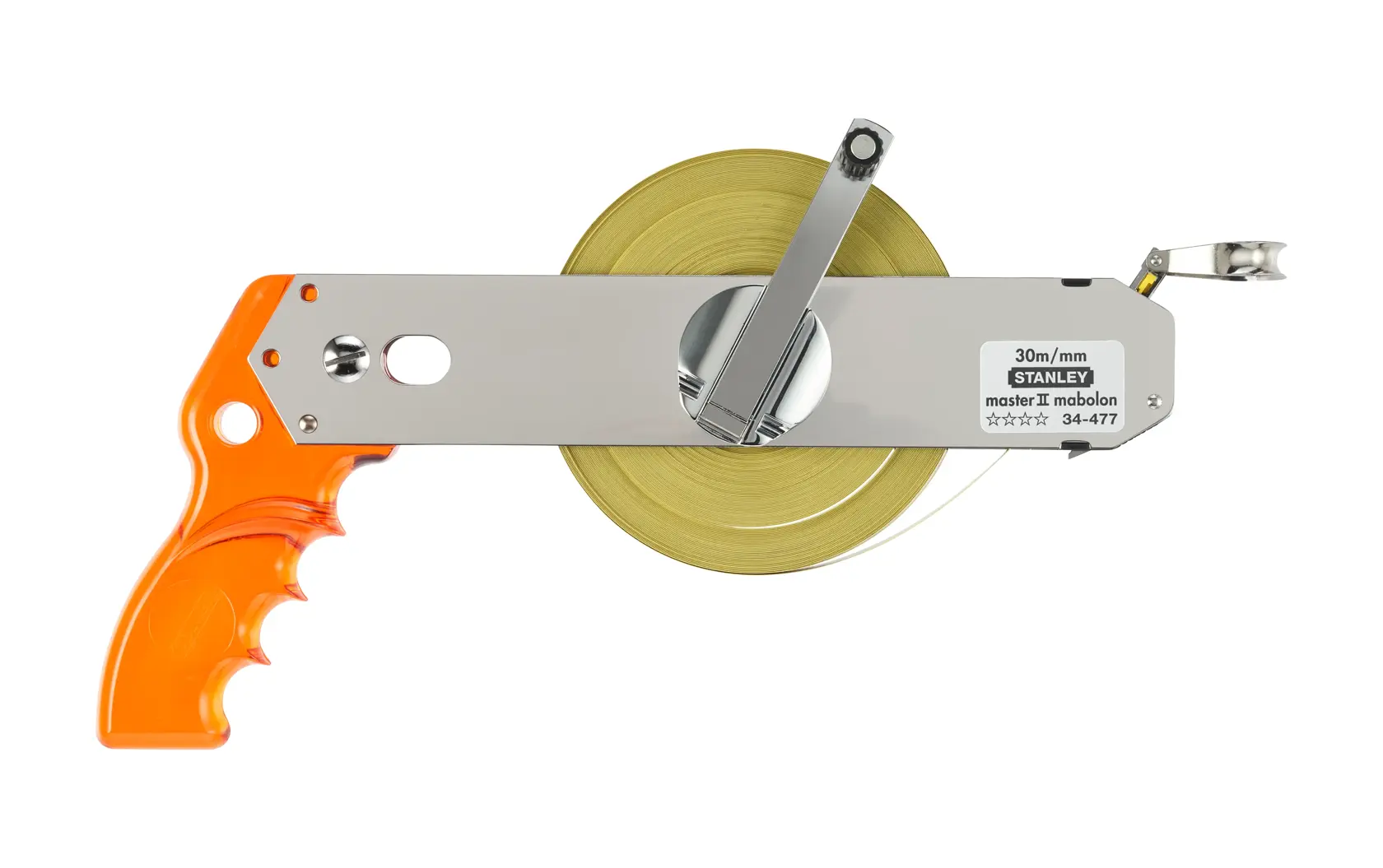 STANLEY 1-34-477 metro a nastro con manico arancione, struttura in metallo e manovella, vista frontale.