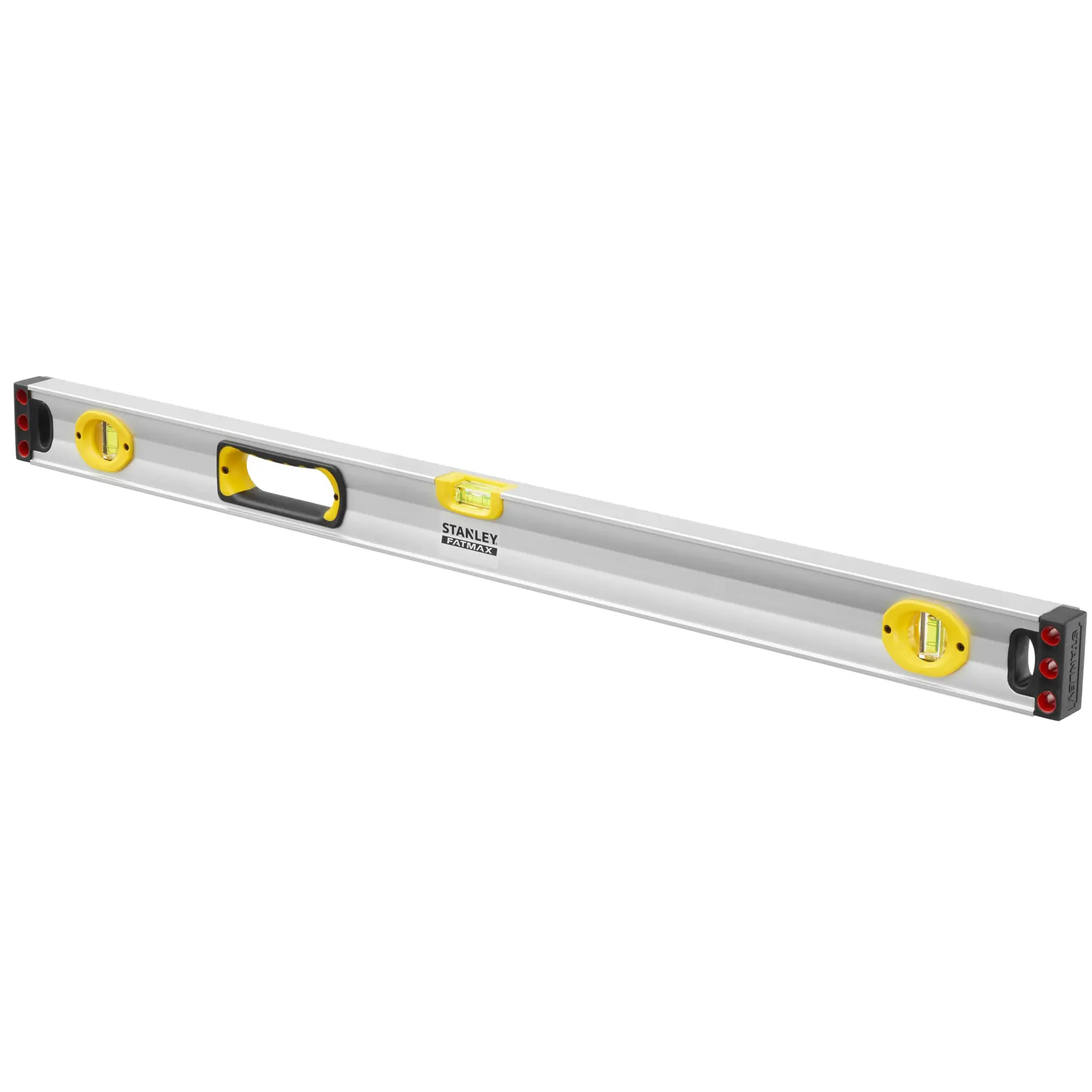 STANLEY 1-43-537 livello a bolla con tre fiale, corpo argentato, dettagli gialli, vista frontale, sfondo bianco.