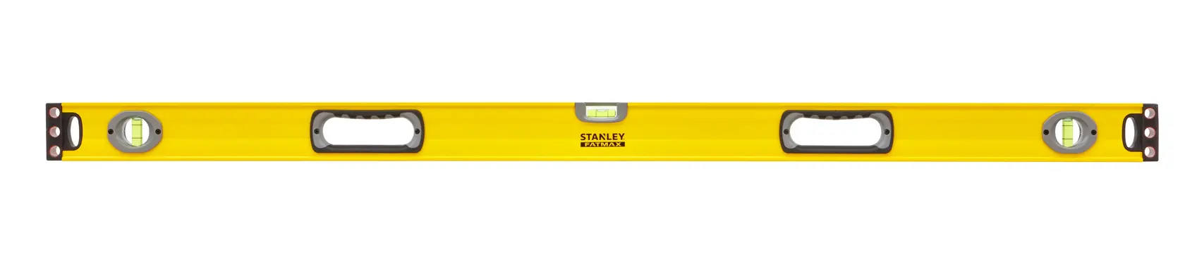 Foto del livello a bolla giallo STANLEY 1-43-548 con tre fiale, due maniglie, vista frontale su sfondo bianco.
