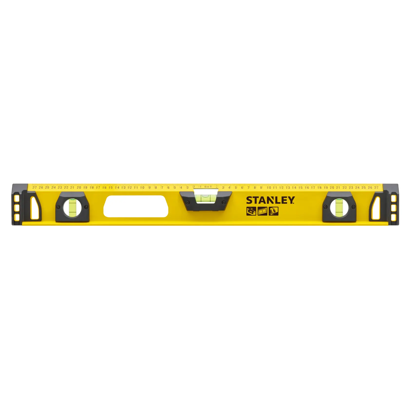 STANLEY 1-43-553 livella gialla con tre fiale, scale graduate e maniglia, vista frontale su sfondo bianco.