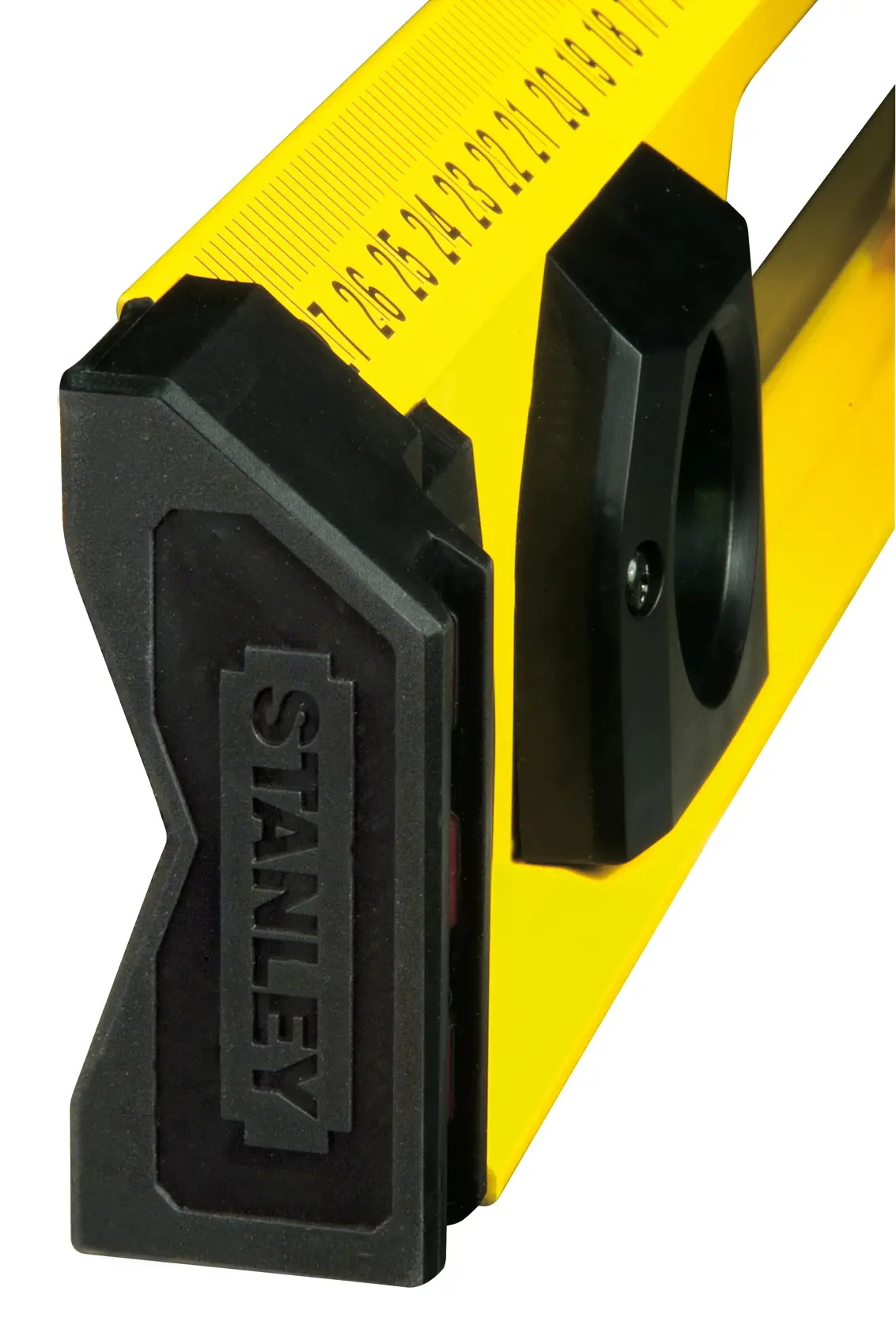Righello giallo STANLEY 1-43-553 con manico nero, angolo ravvicinato, prodotto fotografico