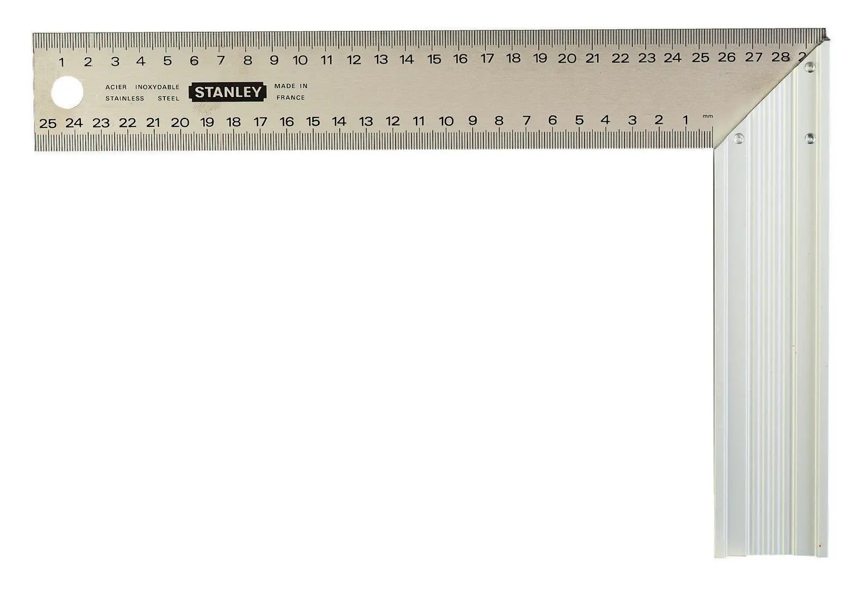 Squadra STANLEY 1-45-686 con righello in acciaio inox, marcature metriche chiare, vista dall'alto su sfondo bianco.