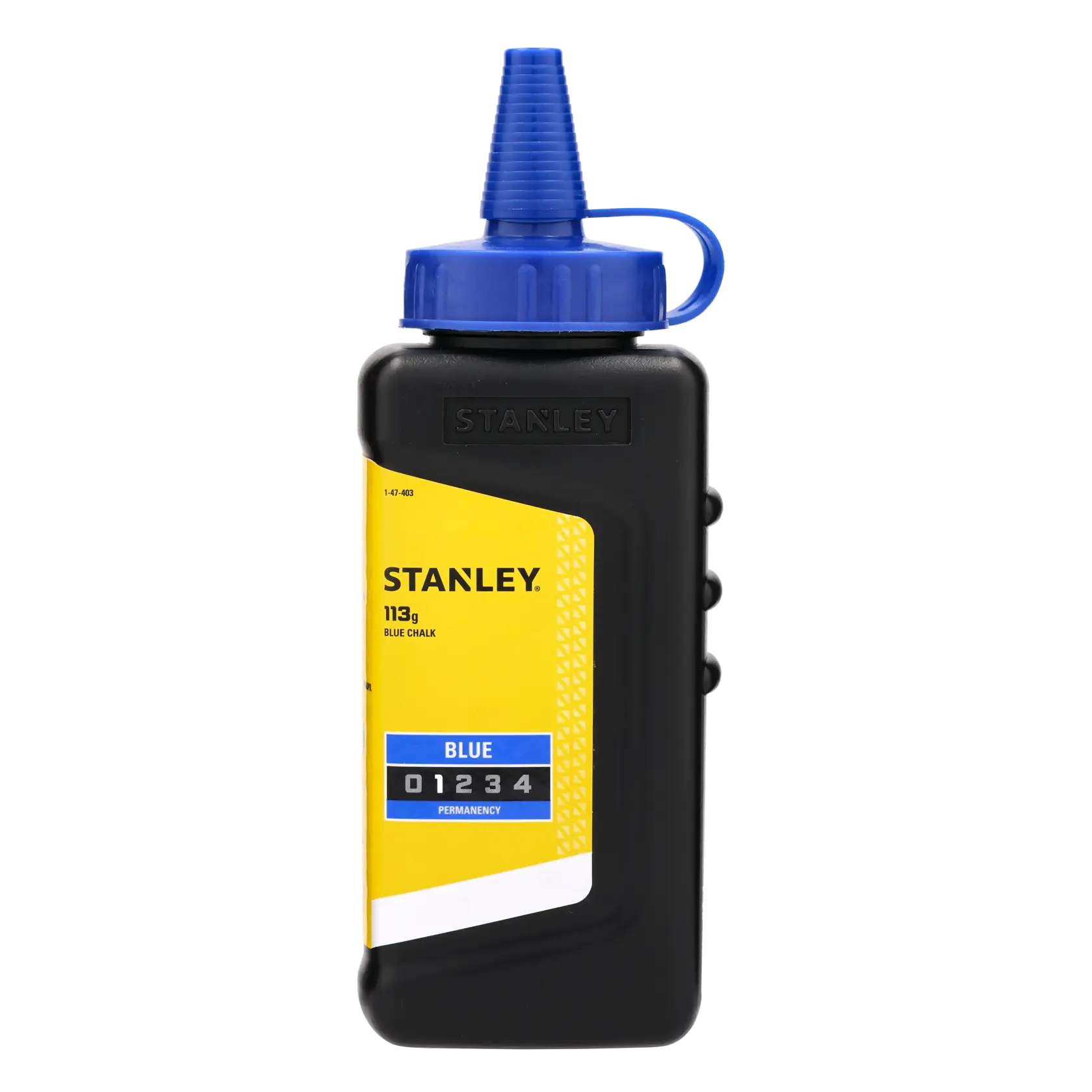 STANLEY 1-47-403 bottiglia di gesso blu, 113g, etichetta gialla e tappo blu, foto prodotto su sfondo bianco.