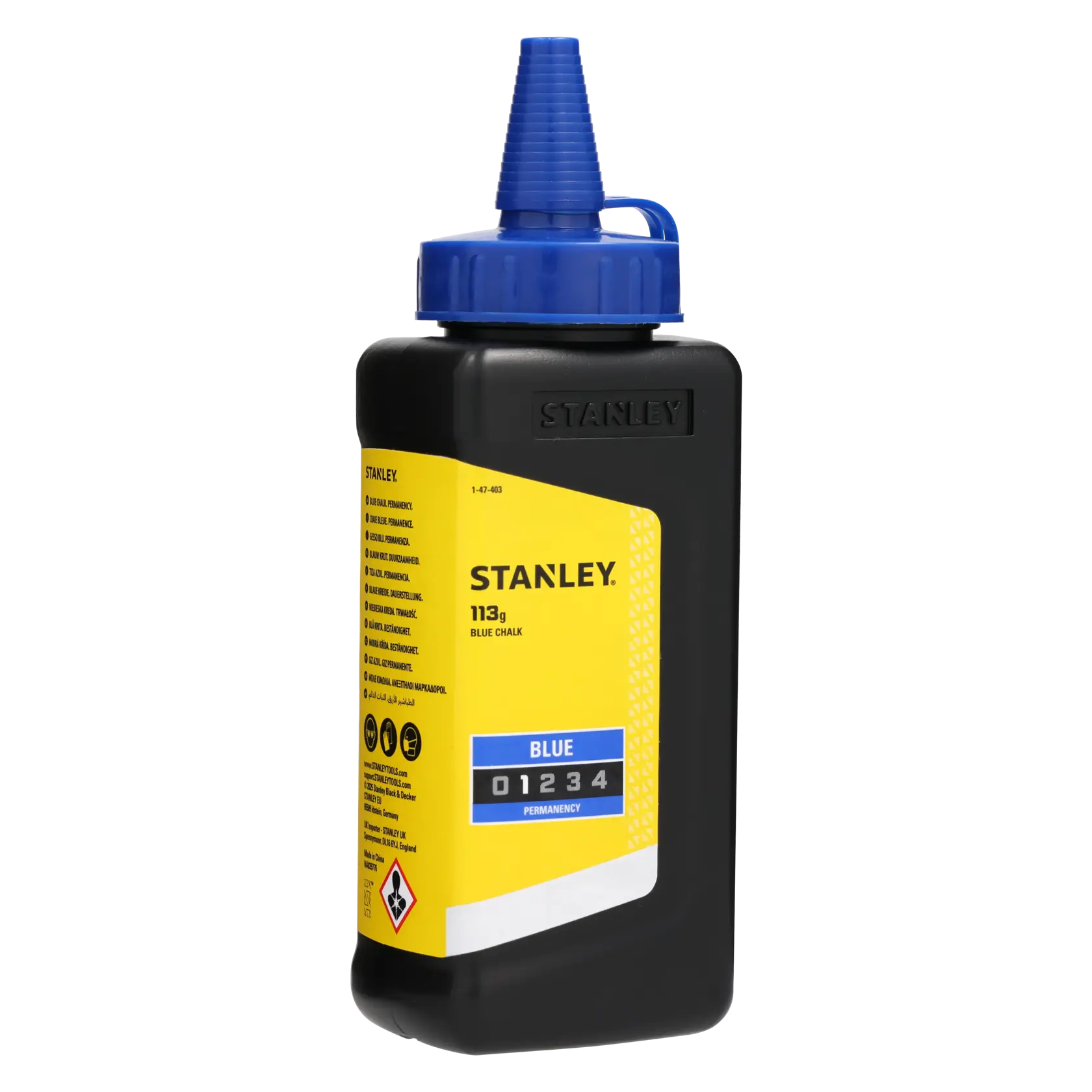 Bottiglia di polvere di gesso blu STANLEY 1-47-403, 113g, etichetta gialla, contenitore nero con tappo blu, vista frontale.