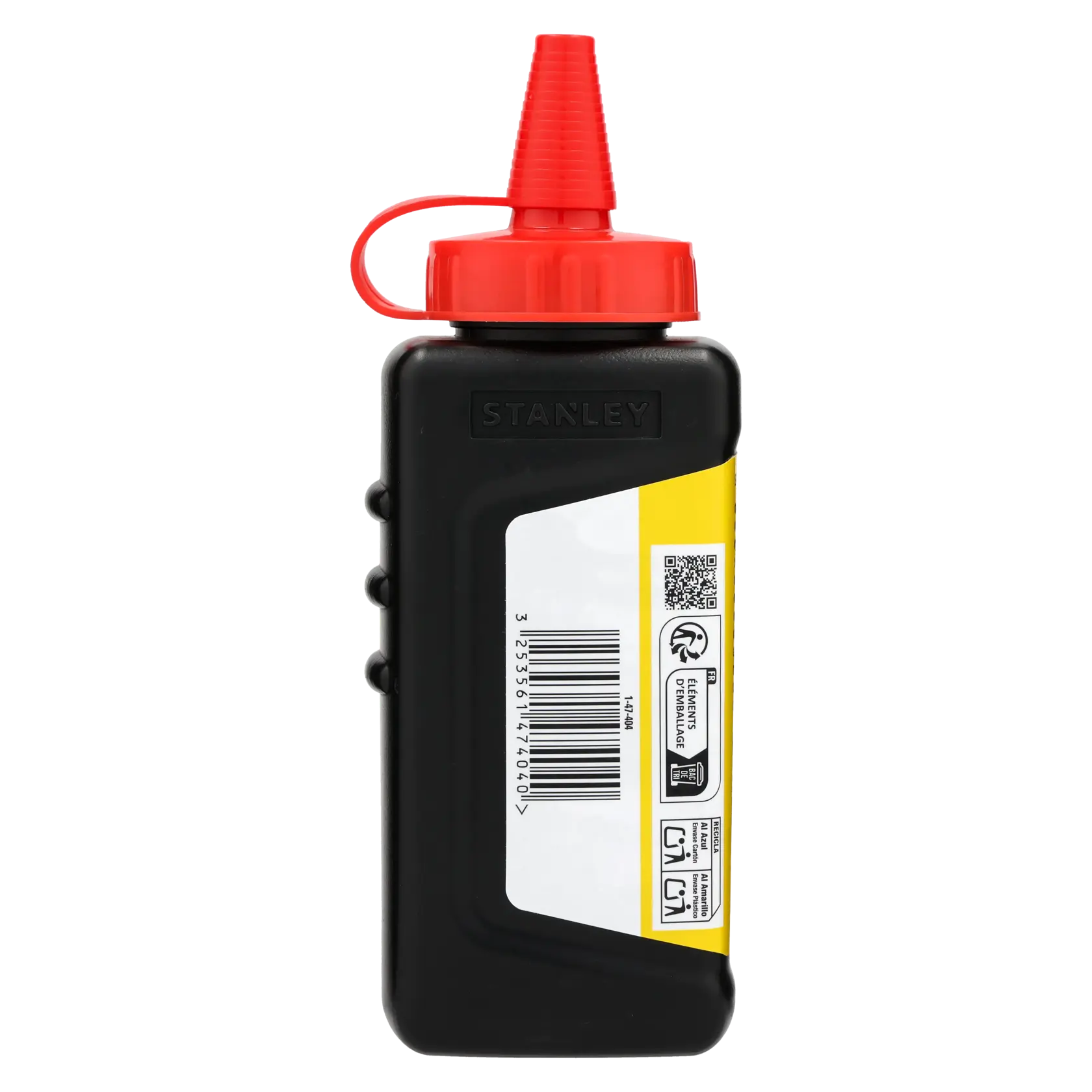 STANLEY 1-47-404 flacone di polvere da tracciatura con tappo rosso, fotografia prodotto, lato, contenitore nero.