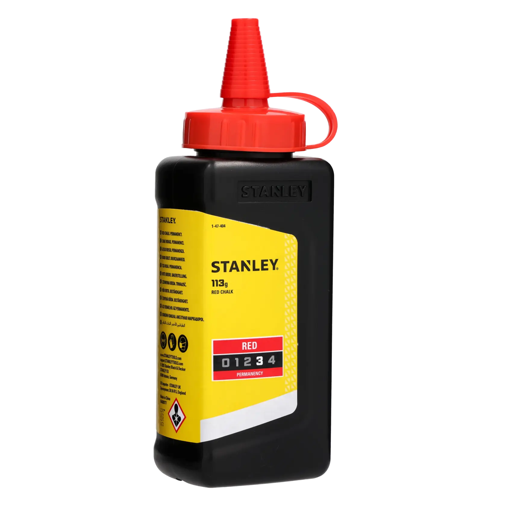 STANLEY 1-47-404 flacone di gesso rosso, 113g, fotografia del prodotto angolato su sfondo bianco.