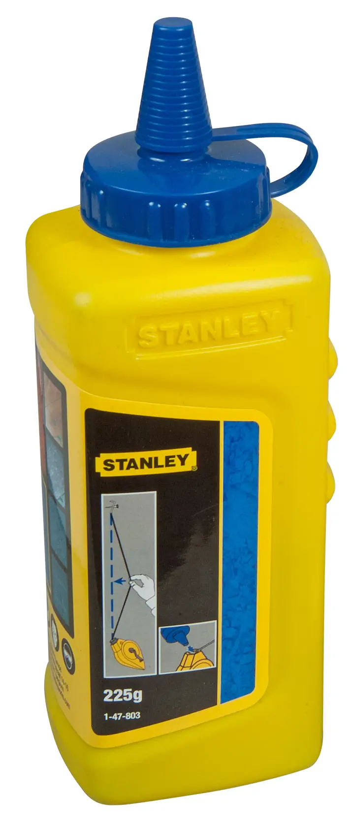 STANLEY 1-47-803 ricarica di gesso, flacone in plastica giallo con beccuccio blu, vista angolata.