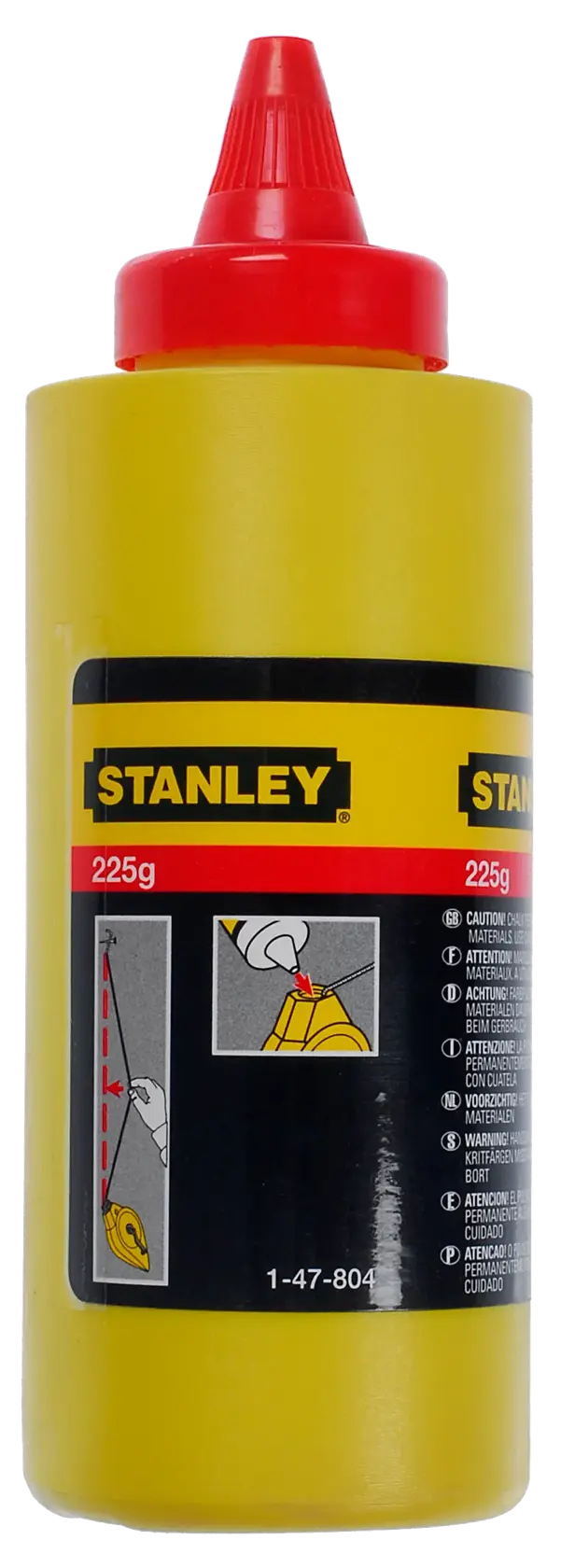 Bottiglia di polvere di gesso gialla STANLEY 1-47-804, 225g, con tappo rosso, vista frontale, per tracciare linee.