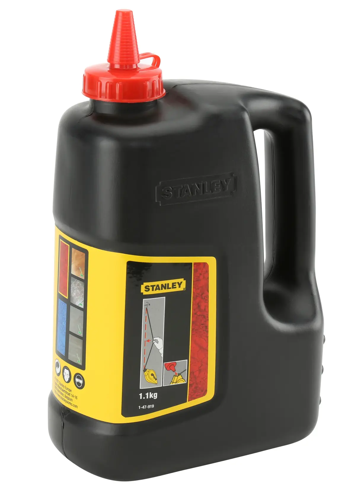 STANLEY 1-47-919 contenitore nero di polvere di gesso con tappo rosso, vista frontale, etichetta visibile.