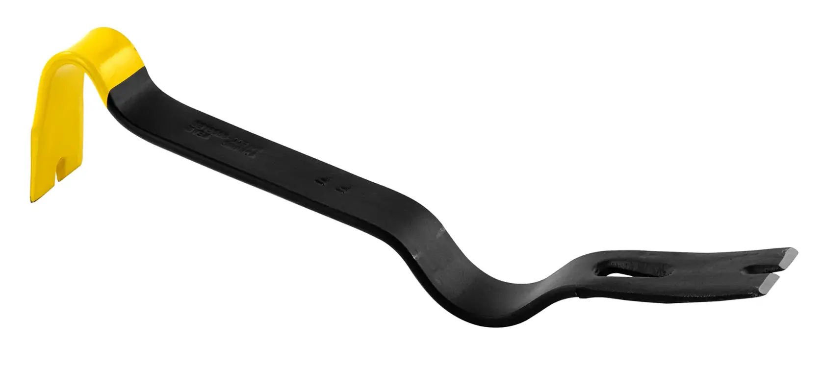 STANLEY 1-55-525 barra a ricciolo curva con corpo nero e estremità gialla, mostrata su sfondo bianco, vista laterale.