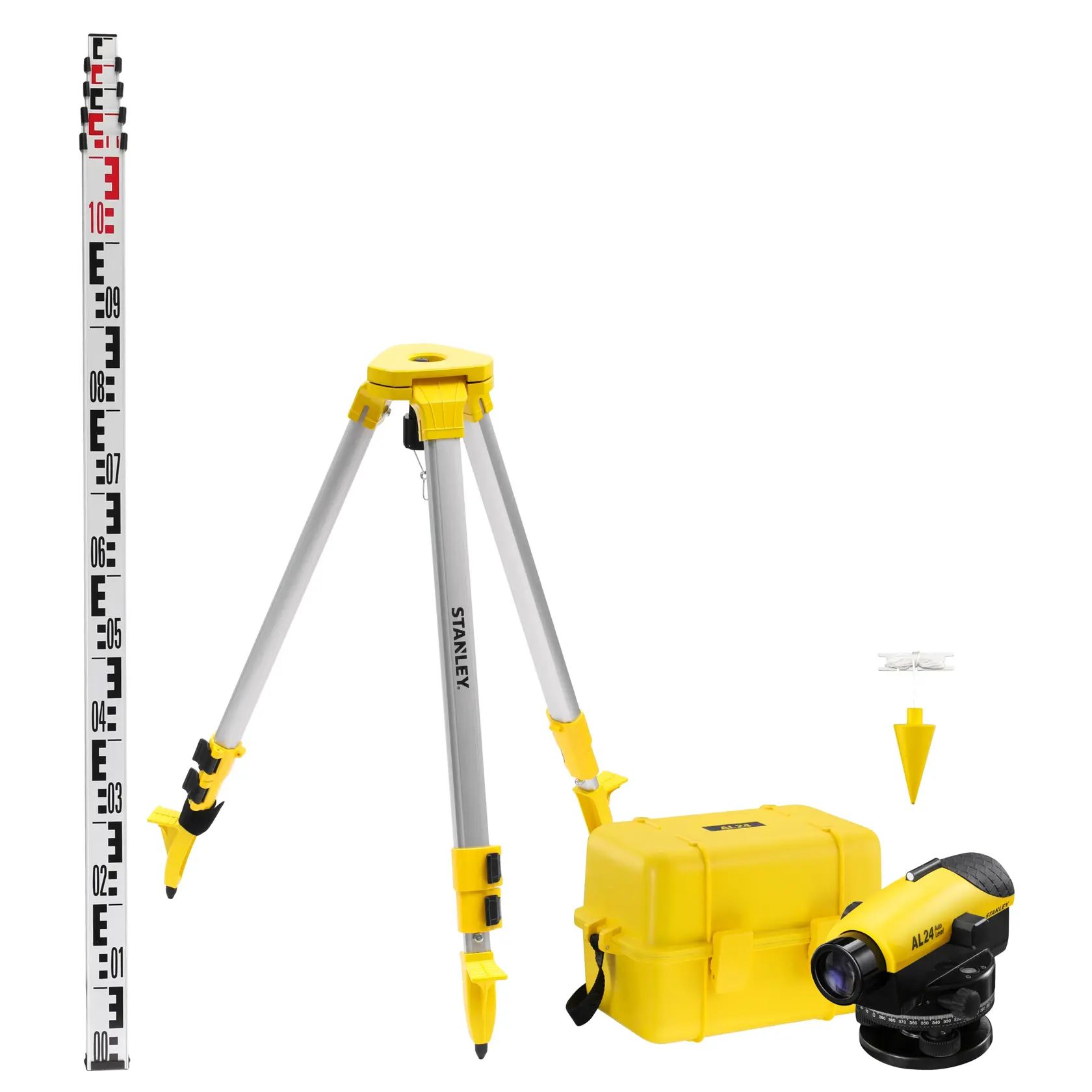 Foto del kit livello STANLEY 1-77-160 con treppiede, asta di livellamento, valigetta e livello ottico su sfondo bianco.