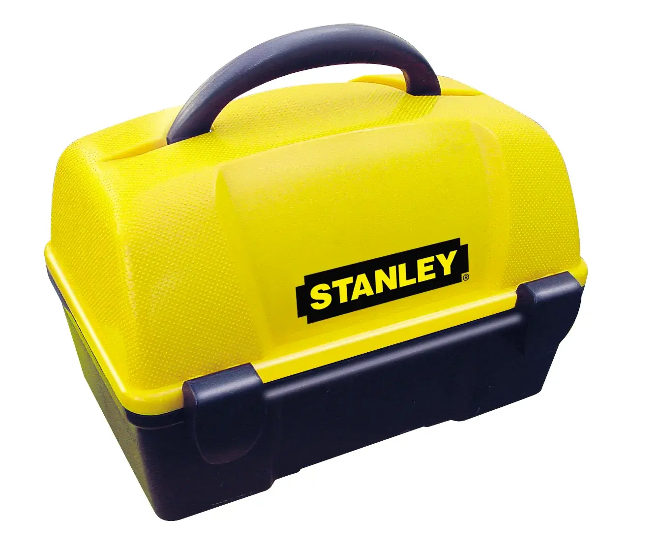 Cassetta porta attrezzi rigida gialla e nera STANLEY 1-77-160 con manico, vista frontale su sfondo bianco.