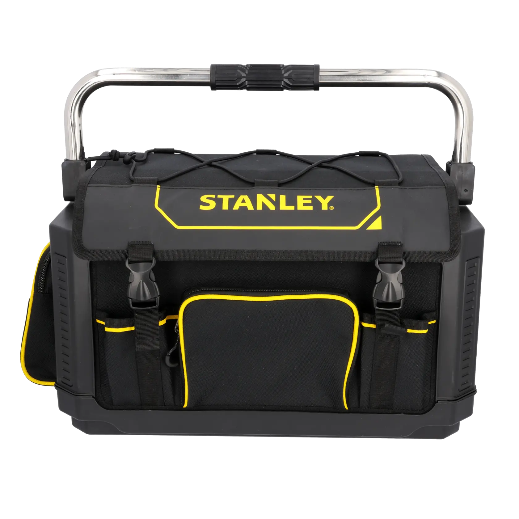 Borsa portautensili STANLEY 1-79-213 con base rigida, gialla e nera, vista frontale su sfondo bianco.